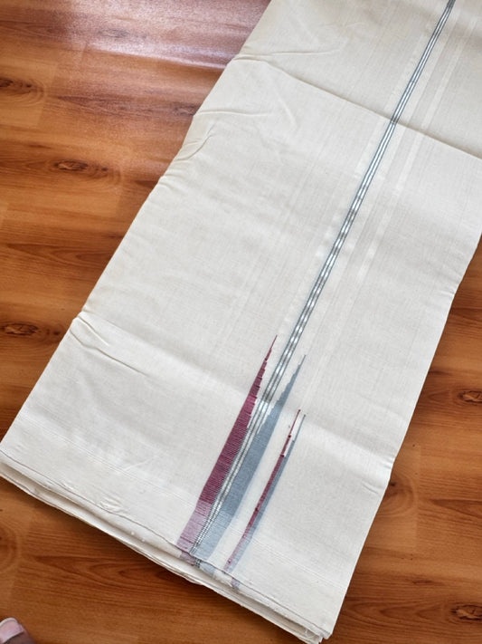 25% Discount!! KaithariKada Handloom Unakkupaav Kerala Handloom - 100% Pure Cotton Off White - (Unbleached) Double Mundu/Dothi - 100X80 - 0.75 inch Puliyilakkara Silver Kasav Dark Pink & Ash Blue Double chutty Kara 4 meter (8.5 Muzham) - 5 KK5473 REA