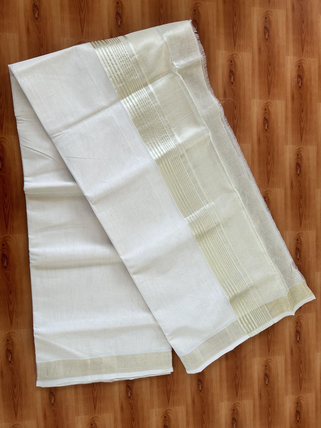 Double Off White - (Unbleached) Mundu/Dhoti - 25% Discount! KaithariKada Handloom Millpaav Kerala Handloom - Pure Cotton - (80X90) - 7 inch Light Gold Kasav Half Tissue Striped Kara 4 mtr (8.5 Muzham) - 5 KK5403 RAM