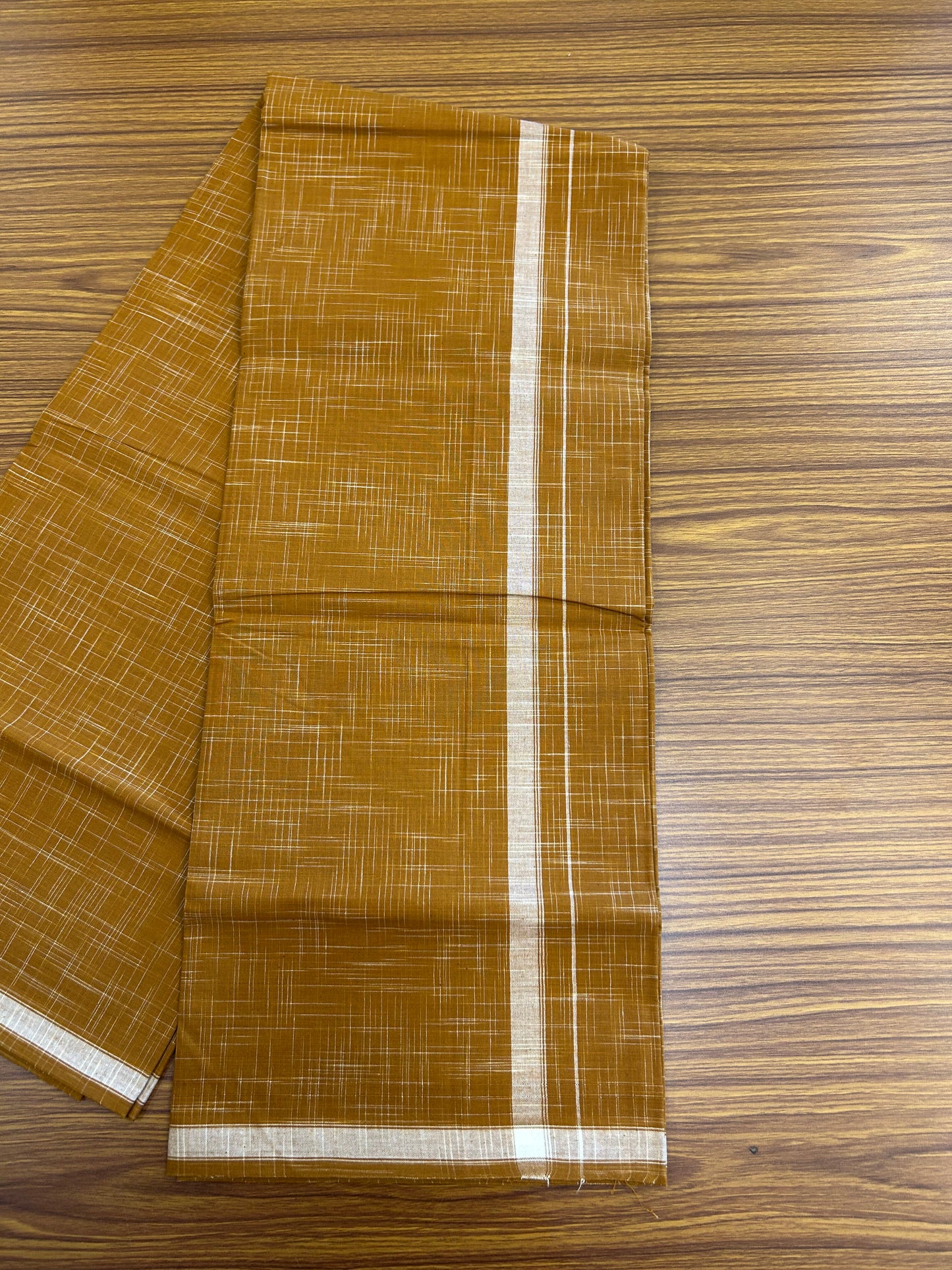 Premium Kathar Type Mund Pure cotton - Kaitharikada - Single Kaily / Lungi - 0.75 inch White Stripes kara Plain Border with Golden Orange  & White Stripes colour body (2 meter / 4 muzham) -  41 KK8050 MUT