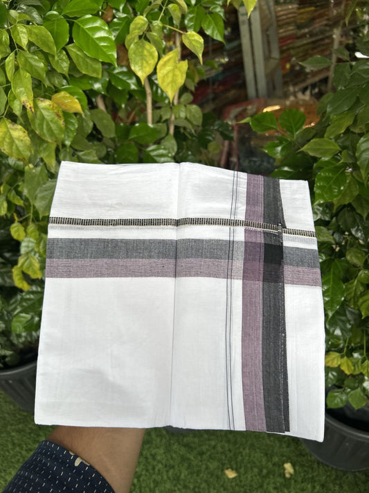 20% Discount! KaithariKada Balaramapuram 100% Cotton Double Pure white Mundu/Dhoti - 100X80 - 1.5 inch Silver Kasav Black & Ash Pink shaded kara - 4 mtr ( 8.5 muzham) - 83 KK5341 VIN