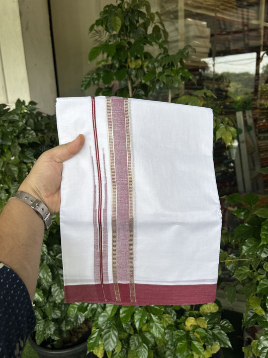 20% Discount! KaithariKada Balaramapuram 100% Cotton Double Pure white Mundu/Dhoti- 100X80 - 1.25 inch Puliyilakkara Silver Kasav & Maroon Chutty Kara - 4 mtr ( 8.5 muzham) - 62 KK5341 VIN