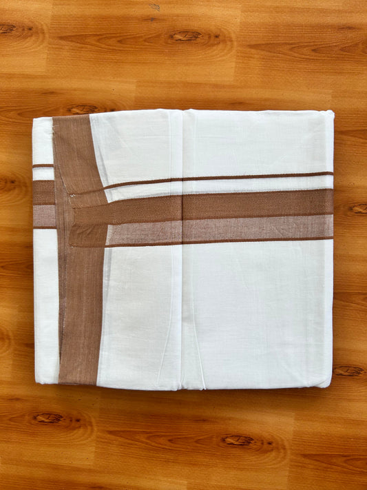 Pure White Double Mundu/Dhoti - 20% Discount ! Kaitharikada Pure Cotton - 100x80 - 2 inch Brown Shaded Stripes Kara 3.80 mtr (8 muzham) - 121 KK5452 THI