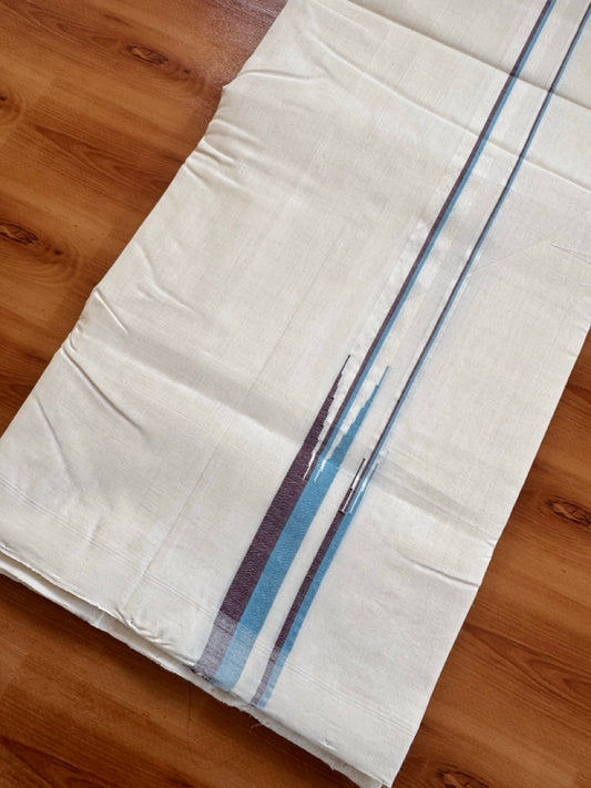 25% Discount!! KaithariKada Handloom Unakkupaav Kerala Handloom - 100% Pure Cotton Off White - (Unbleached) Double Mundu/Dothi - 100X80 - 0.75 inch Puliyilakkara Dark Maroon & Blue Double chutty Kara 4 meter (8.5 Muzham) - 2 KK5473 REA