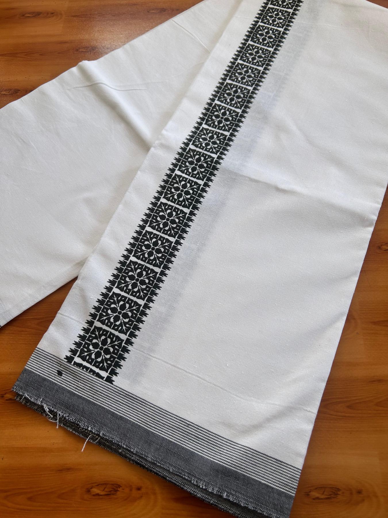 Kaitharikada - Single Kaily / Lungi - Mixed Cotton - 40s twisted - 2.5 inch Black Printed kara with White colour body (2 meter / 4 muzham) - 9 KK8074 SAT