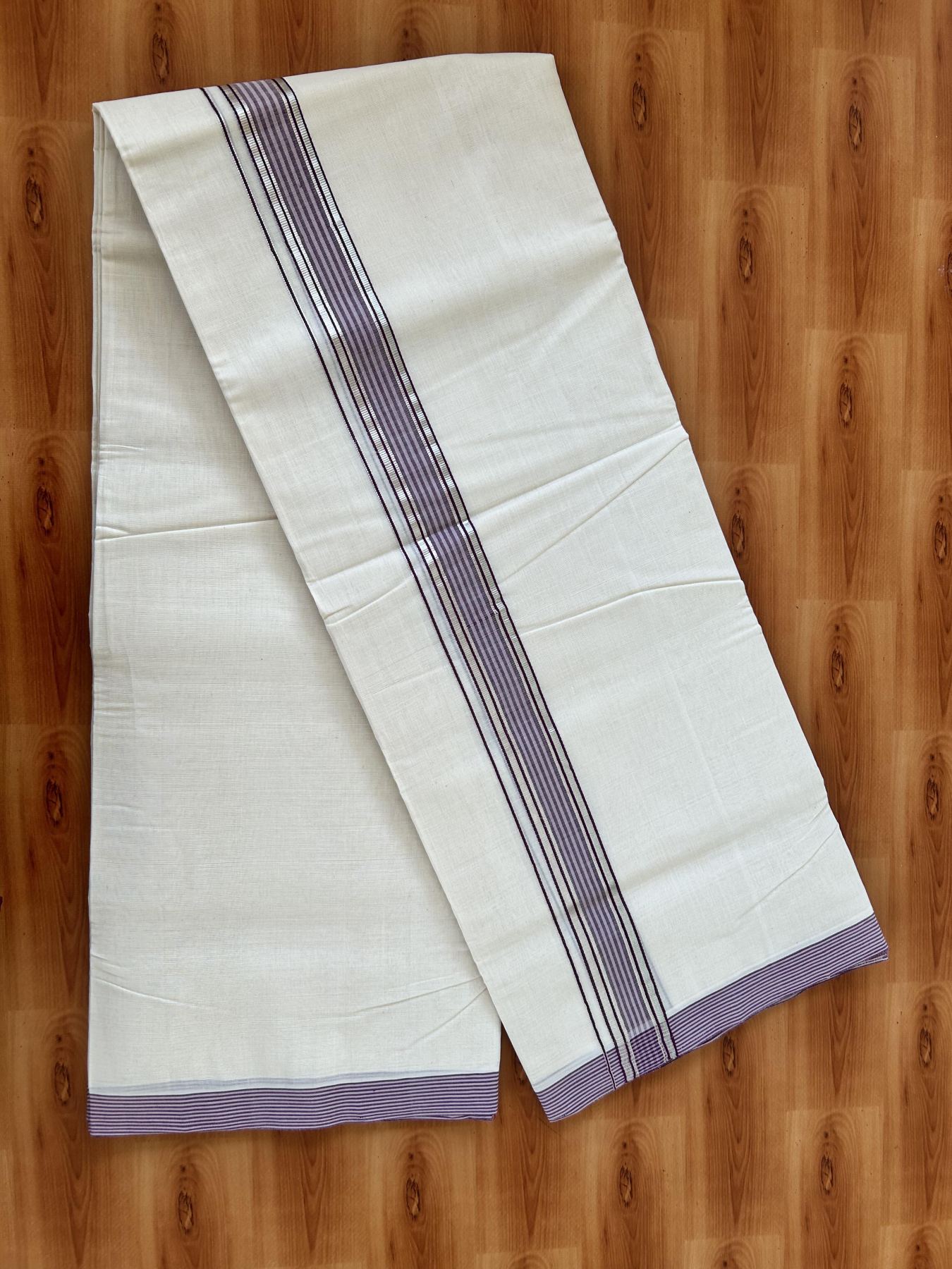 Double Off White - (Unbleached) Mundu/Dhoti - 25% Discount! KaithariKada Handloom Millpaav Kerala Handloom - Pure Cotton - (80X90) - 1.25 inch Silver Kasav & Plum Striped Kara 4 mtr (8.5 Muzham) - 7 KK5403 RAM
