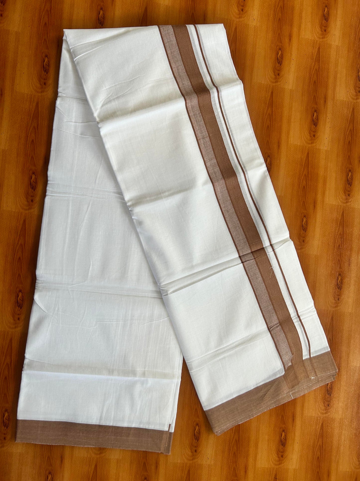 Pure White Double Mundu/Dhoti - 20% Discount ! Kaitharikada Pure Cotton - 100x80 - 2 inch Brown Shaded Stripes Kara 3.80 mtr (8 muzham) - 121 KK5452 THI