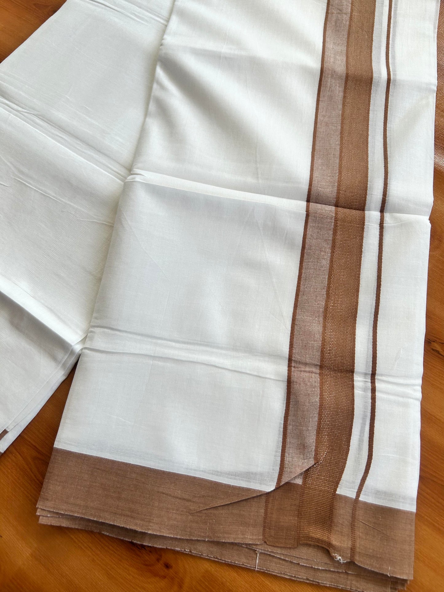 Pure White Double Mundu/Dhoti - 20% Discount ! Kaitharikada Pure Cotton - 100x80 - 2 inch Brown Shaded Stripes Kara 3.80 mtr (8 muzham) - 121 KK5452 THI