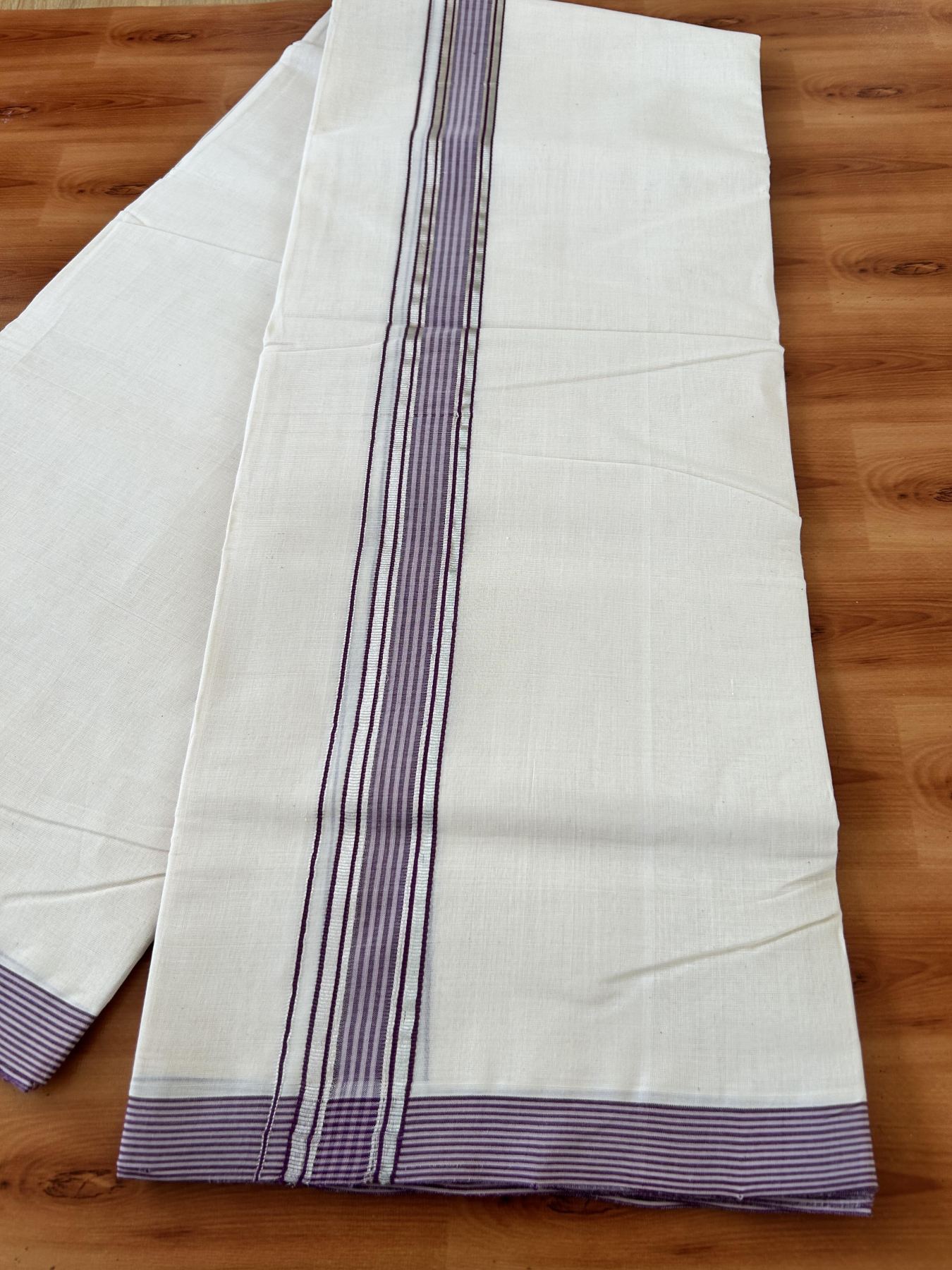 Double Off White - (Unbleached) Mundu/Dhoti - 25% Discount! KaithariKada Handloom Millpaav Kerala Handloom - Pure Cotton - (80X90) - 1.25 inch Silver Kasav & Plum Striped Kara 4 mtr (8.5 Muzham) - 7 KK5403 RAM