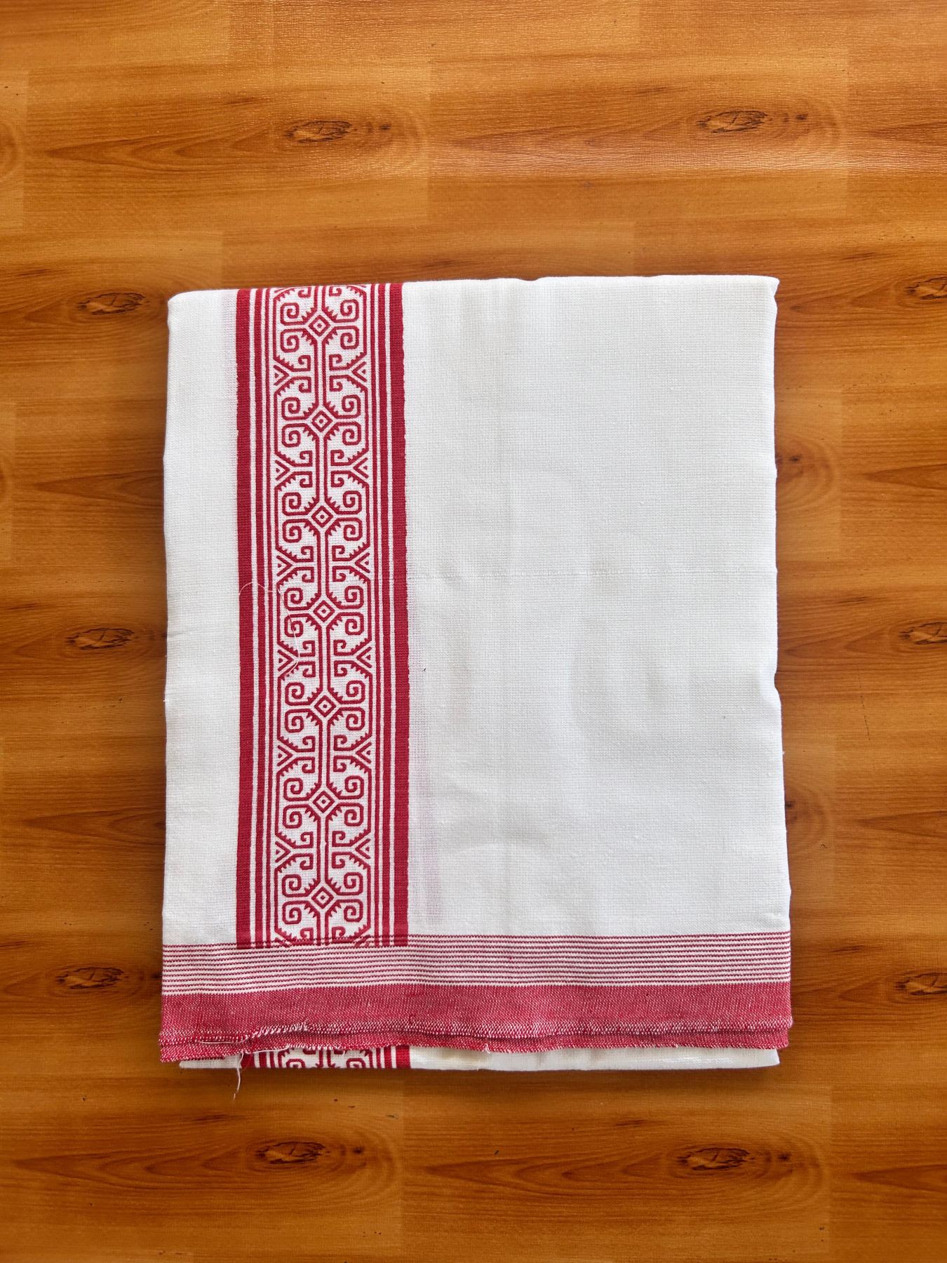 Kaitharikada - Single Kaily / Lungi - Mixed Cotton - 40s twisted - 2.5 inch Red Printed kara with White colour body (2 meter / 4 muzham) - 12 KK8074 SAT