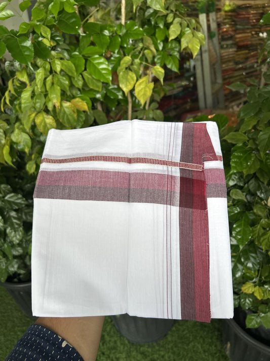 20% Discount! KaithariKada Balaramapuram 100% Cotton Double Pure white Mundu/Dhoti - 100X80 - 1.25 inch Silver Kasav Black & Maroon shaded kara - 4 mtr ( 8.5 muzham) - 88 KK5341 VIN