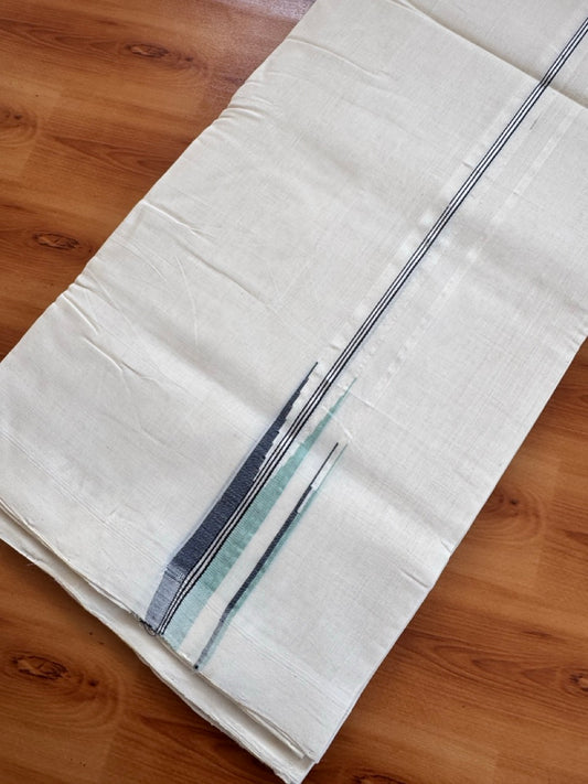 25% Discount!! KaithariKada Handloom Unakkupaav Kerala Handloom 100% Pure Cotton Off White - (Unbleached) Double Mundu/Dothi - 100X80 - 0.75 inch Puliyilakkara Silver Kasav Teal & Navy Blue Double chutty Kara 4 meter (8.5 Muzham) - 6 KK5473 REA