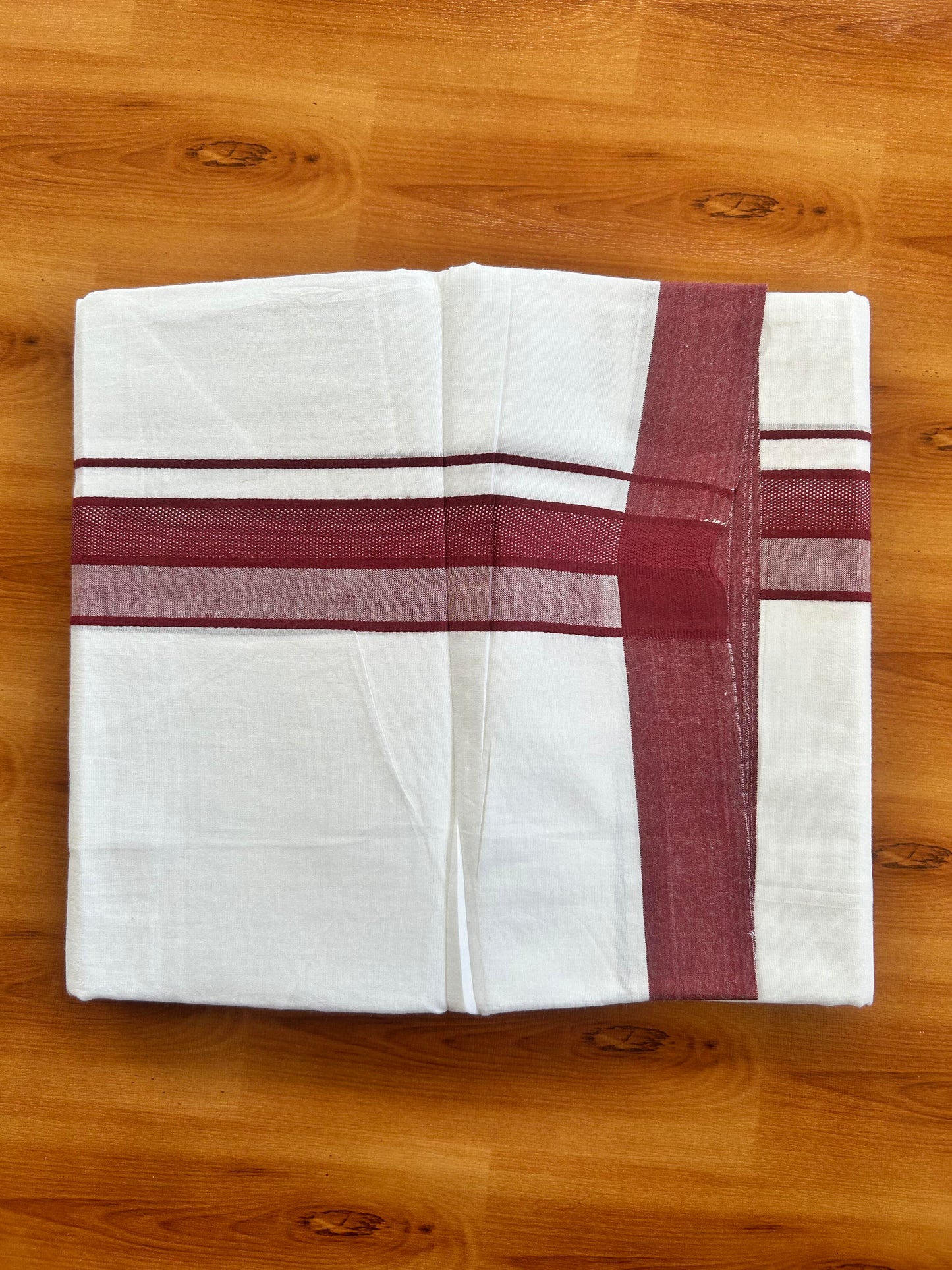 Pure White Double Mundu/Dhoti - 20% Discount ! Kaitharikada Pure Cotton - 100x80 - 2 inch Maroon Shaded Design Kara 3.80 mtr (8 muzham) - 122 KK5452 THI