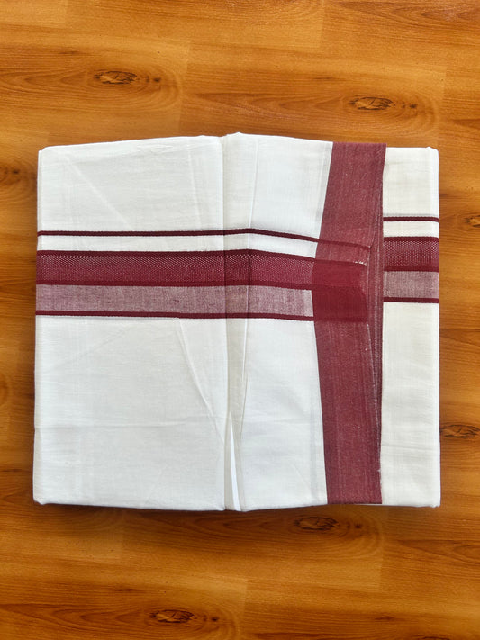Pure White Double Mundu/Dhoti - 20% Discount ! Kaitharikada Pure Cotton - 100x80 - 2 inch Maroon Shaded Design Kara 3.80 mtr (8 muzham) - 122 KK5452 THI