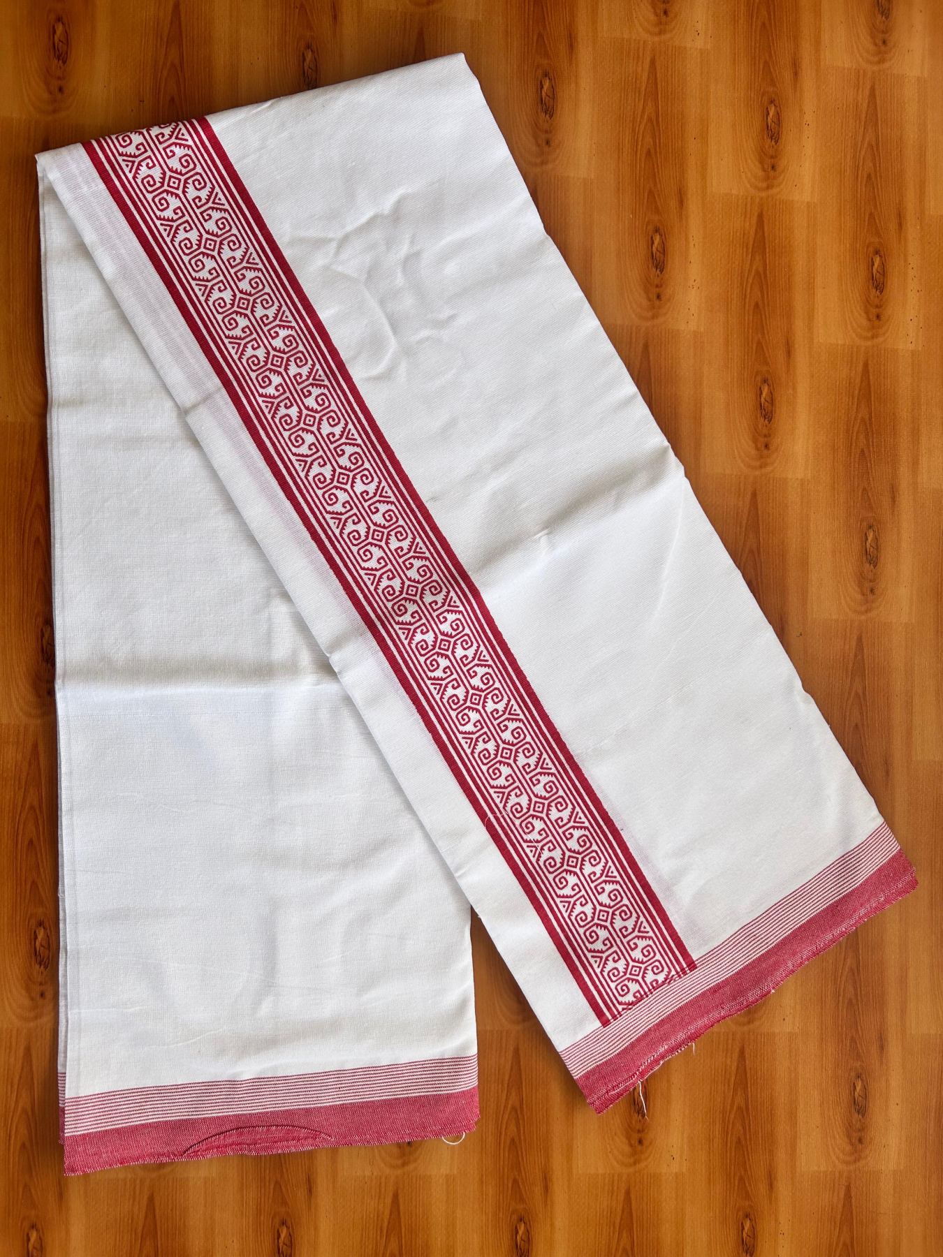 Kaitharikada - Single Kaily / Lungi - Mixed Cotton - 40s twisted - 2.5 inch Red Printed kara with White colour body (2 meter / 4 muzham) - 12 KK8074 SAT