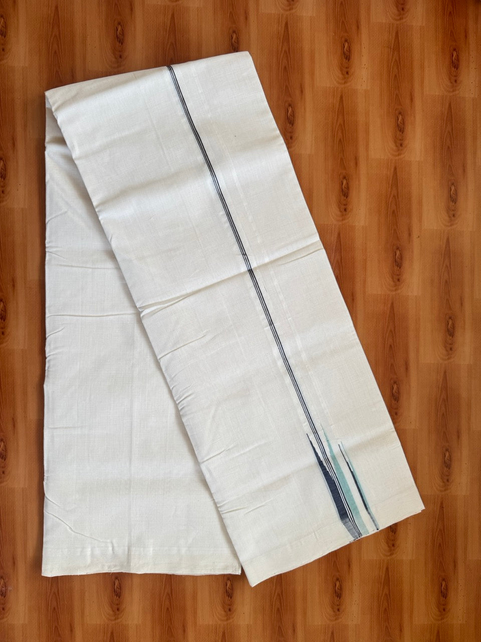 25% Discount!! KaithariKada Handloom Unakkupaav Kerala Handloom - 100% Pure Cotton Off White - (Unbleached) Double Mundu/Dothi - 100X80 - 0.75 inch Puliyilakkara Silver Kasav Light Teal & Navy Blue Double chutty Kara 4 meter (8.5 Muzham) - 6 KK5473 REA