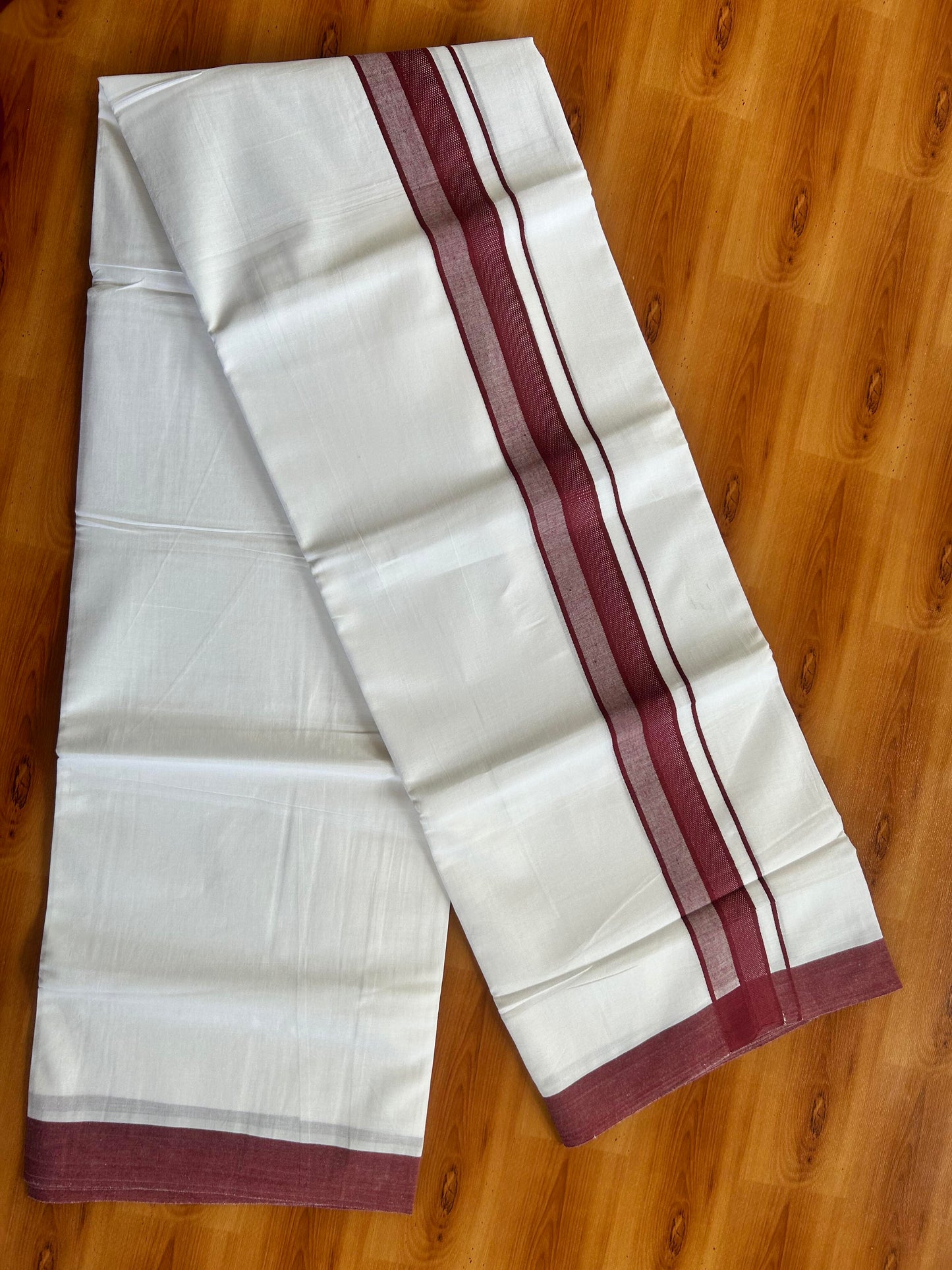Pure White Double Mundu/Dhoti - 20% Discount ! Kaitharikada Pure Cotton - 100x80 - 2 inch Maroon Shaded Design Kara 3.80 mtr (8 muzham) - 122 KK5452 THI