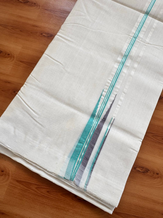 25% Discount!! KaithariKada Handloom Unakkupaav Kerala Handloom 100% Pure Cotton Off White - (Unbleached) Double Mundu/Dothi - 100X80 - 0.75 inch Puliyilakkara Silver Kasav Teal & Purple Brown Double chutty Kara 4 meter (8.5 Muzham) - 7 KK5473 REA