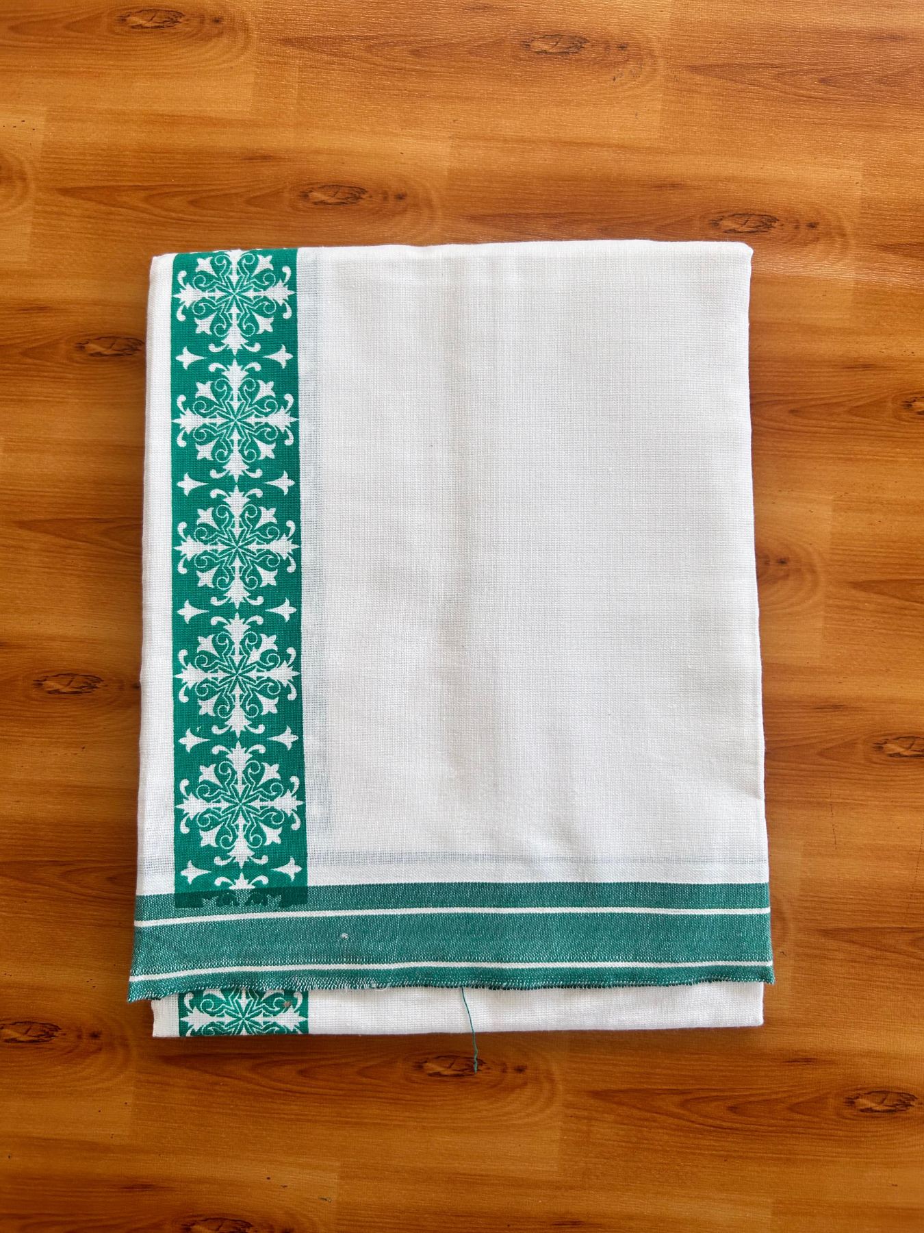 Kaitharikada - Single Kaily / Lungi - Mixed Cotton - 40s twisted - 2.5 inch Green Printed kara with White colour body (2 meter / 4 muzham) - 11 KK8074 SAT