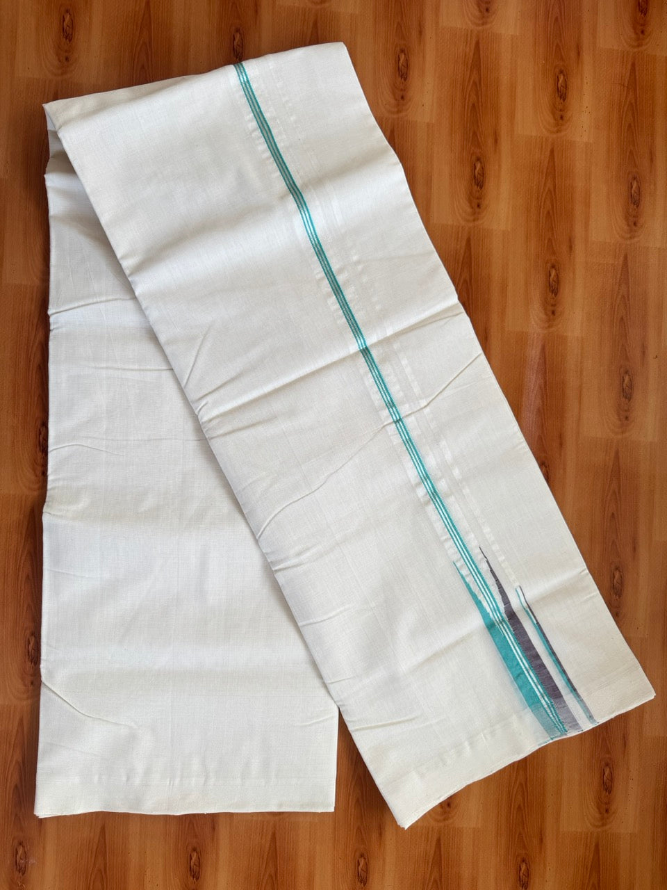 25% Discount!! KaithariKada Handloom Unakkupaav Kerala Handloom 100% Pure Cotton Off White - (Unbleached) Double Mundu/Dothi - 100X80 - 0.75 inch Puliyilakkara Silver Kasav Teal & Purple Brown Double chutty Kara 4 meter (8.5 Muzham) - 7 KK5473 REA