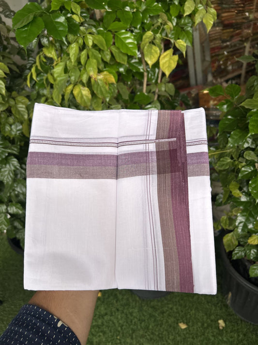20% Discount! KaithariKada Balaramapuram 100% Cotton Double Pure white Mundu/Dhoti - 100X80 - 1.5 inch Wine Purple & Sage green shaded kara - 4 mtr ( 8.5 muzham) - 111 KK5341 VIN