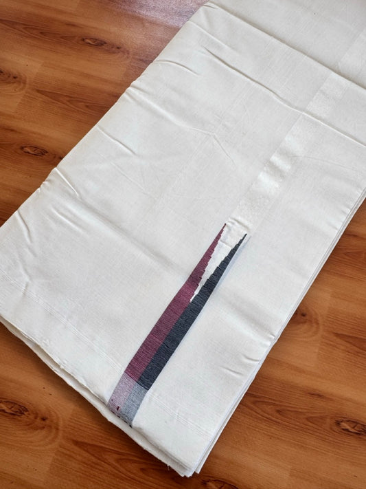 25% Discount!! KaithariKada Handloom Unakkupaav Kerala Handloom 100% Pure Cotton Off White - (Unbleached) Double Mundu/Dothi - 100X80 - 0.75 inch Puliyilakkara Maroon & Black chutty Kara 4 meter (8.5 Muzham) - 10 KK5473 REA