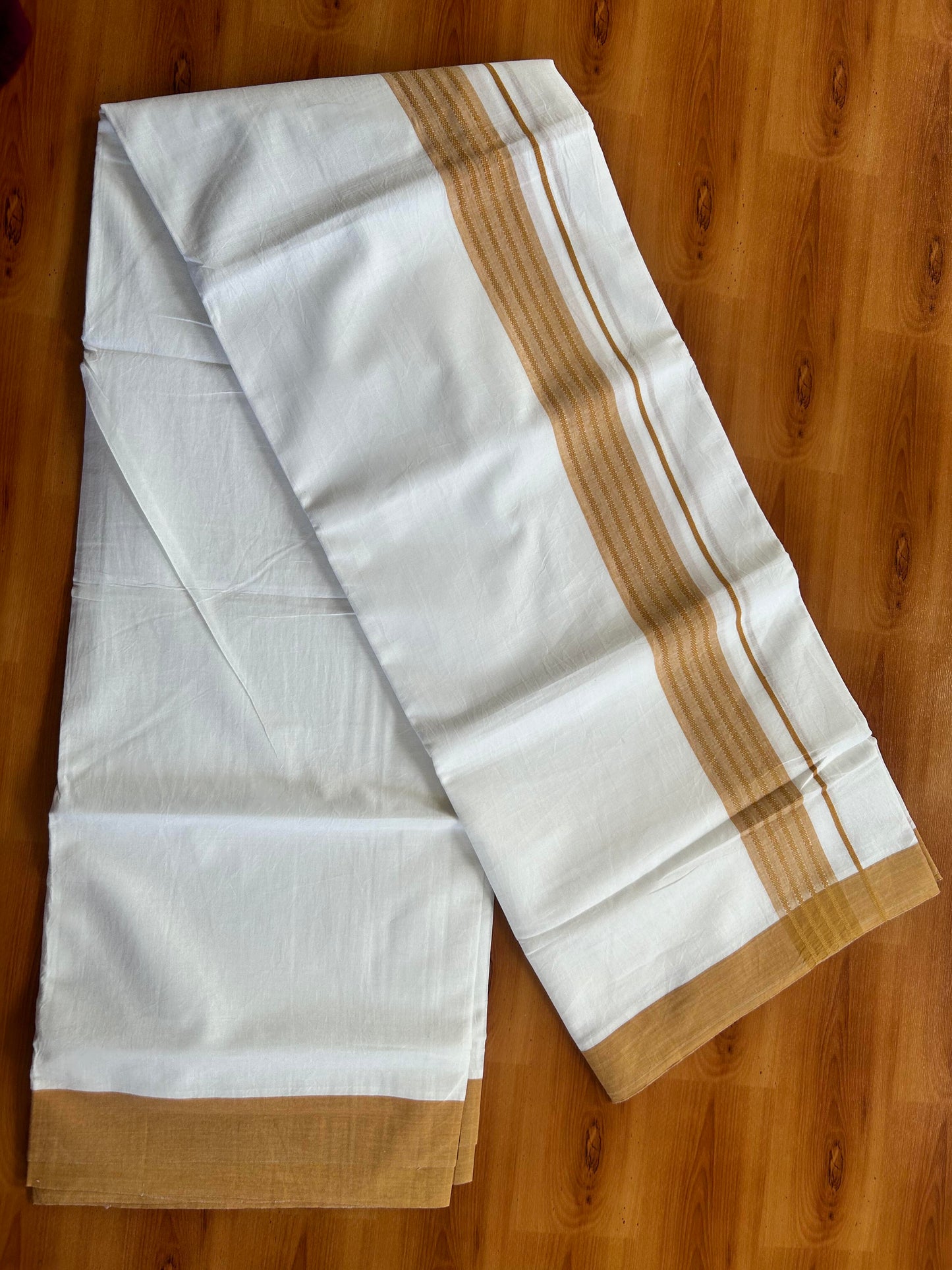 Pure White Double Mundu/Dhoti - 20% Discount ! Kaitharikada Balaramapuram Pure Cotton - 100x80 - 1.25 inch Brownish Orange Shaded Stripes Kara 3.80 mtr (8 muzham) - 109 KK5452 THI