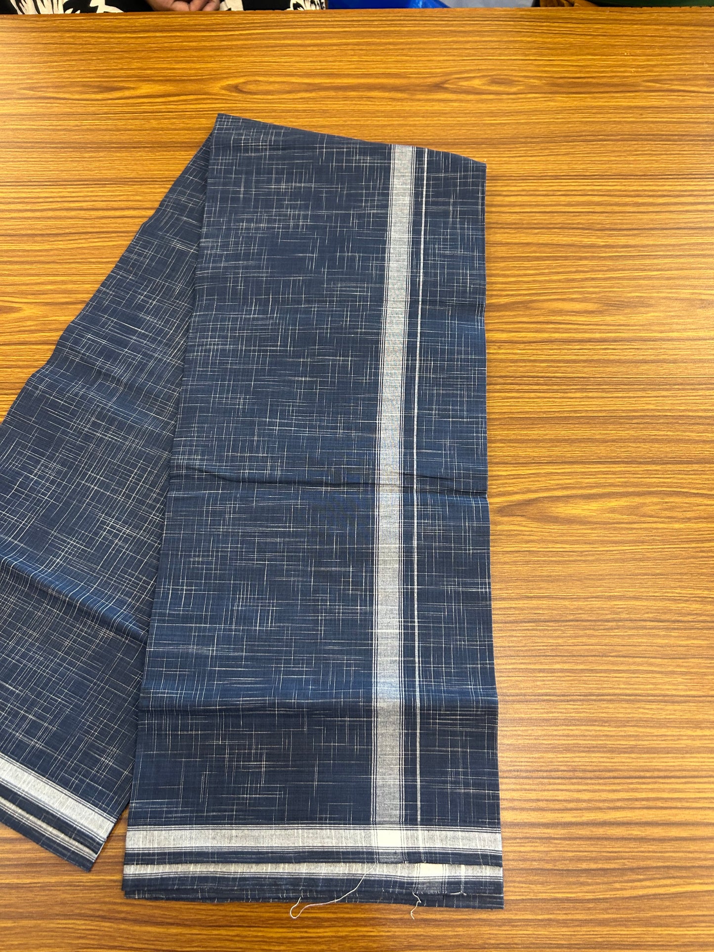 Premium Kathar Type Pure cotton - Kaitharikada - Single Kaily / Lungi - 0.75 inch White Stripes kara Plain Border with Denim Blue & White Stripes colour body (2 meter / 4 muzham) - 48 KK8050 MUT