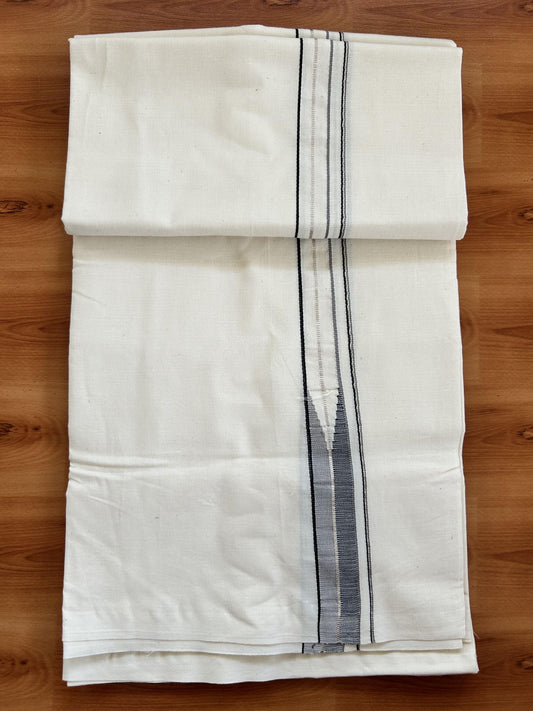 Single Mundu/Dhoti - Off White (Unbleached) 20% Discount !! KaithariKada Balaramapuram 100% Cotton Twisted 100s Thread - 0.75 inch Silver Kasav Black & Grey Puliyilakkara Chutty (2 meter/4 Muzham) - 3 KK5407 ASH