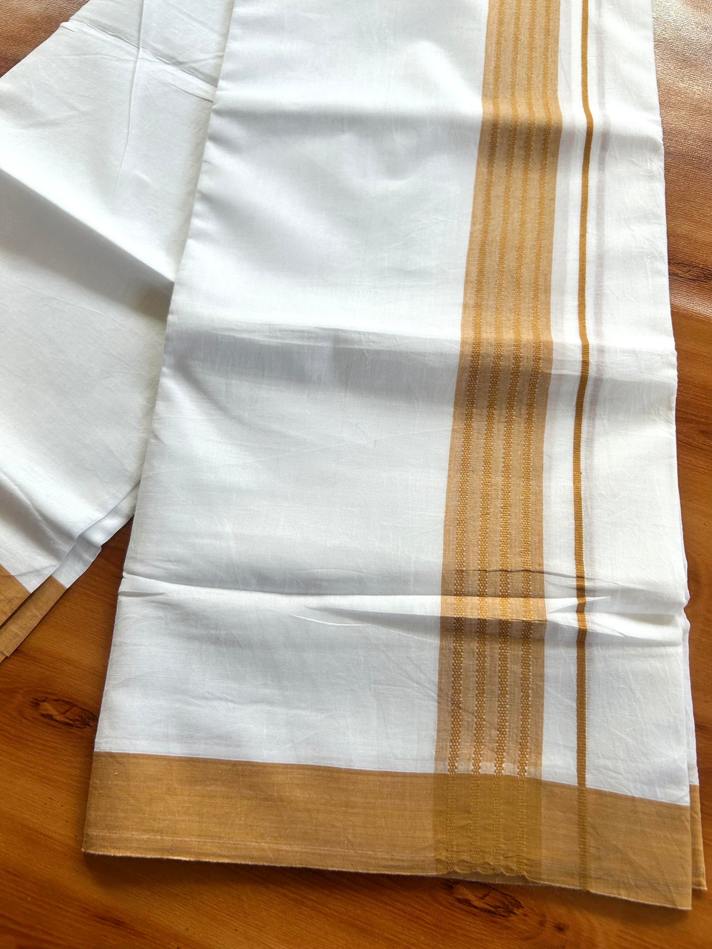 Pure White Double Mundu/Dhoti - 20% Discount ! Kaitharikada Balaramapuram Pure Cotton - 100x80 - 1.25 inch Brownish Orange Shaded Stripes Kara 3.80 mtr (8 muzham) - 109 KK5452 THI