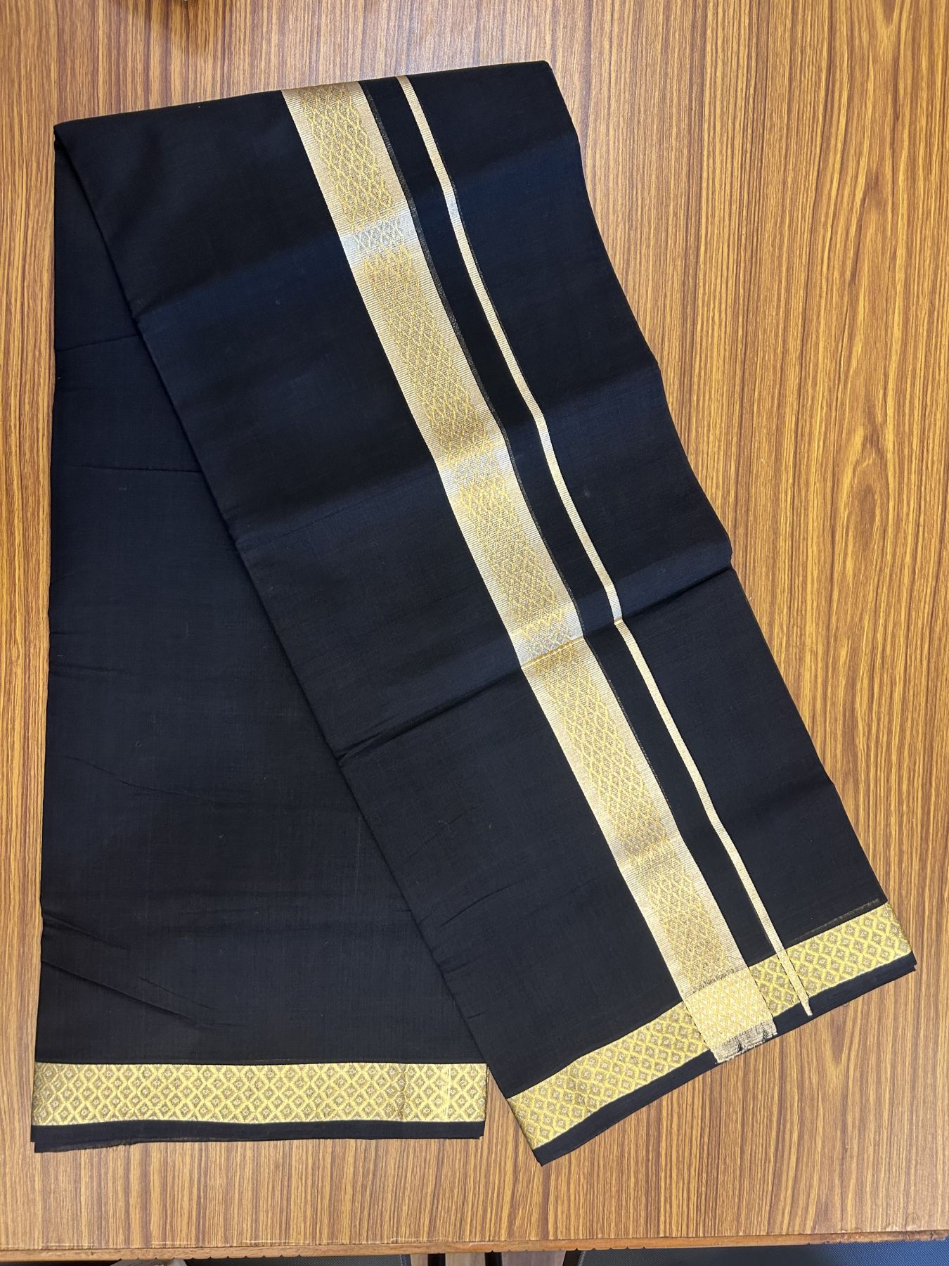 25% Discount! KaithariKada Handloom Unakkupaav - Kerala Handloom - Pure Cotton Double Mundu/Dhoti (Unbleached) - 100x80 - Black Colour Body - 1.5 inch Gold Kasavu Jacquard Design Kara - 4 mtr (8.5 Muzham) - 1 KK5342 ABH