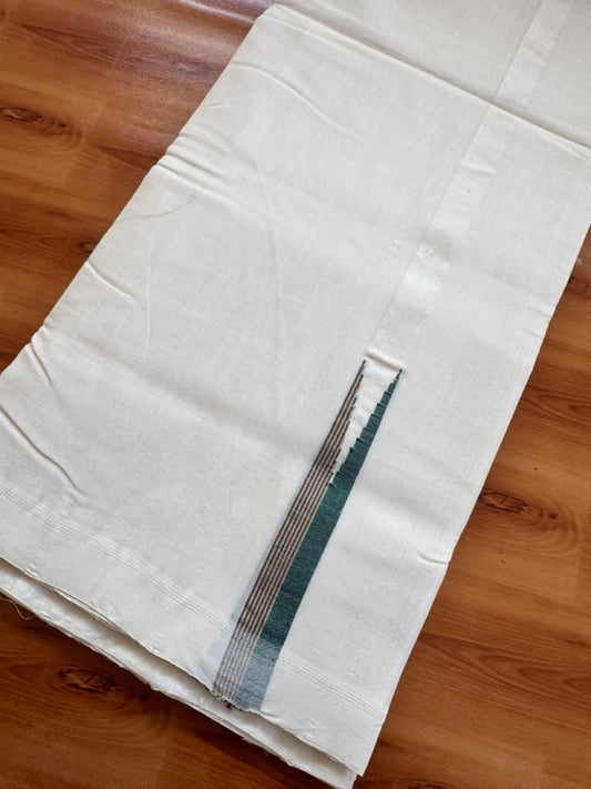 25% Discount!! KaithariKada Handloom Unakkupaav Kerala Handloom 100% Pure Cotton Off White - (Unbleached) Double Mundu/Dothi - 100X80 - 0.75 inch Puliyilakkara Green Brown & Light Green chutty Kara 4 meter (8.5 Muzham) - 9 KK5473 REA