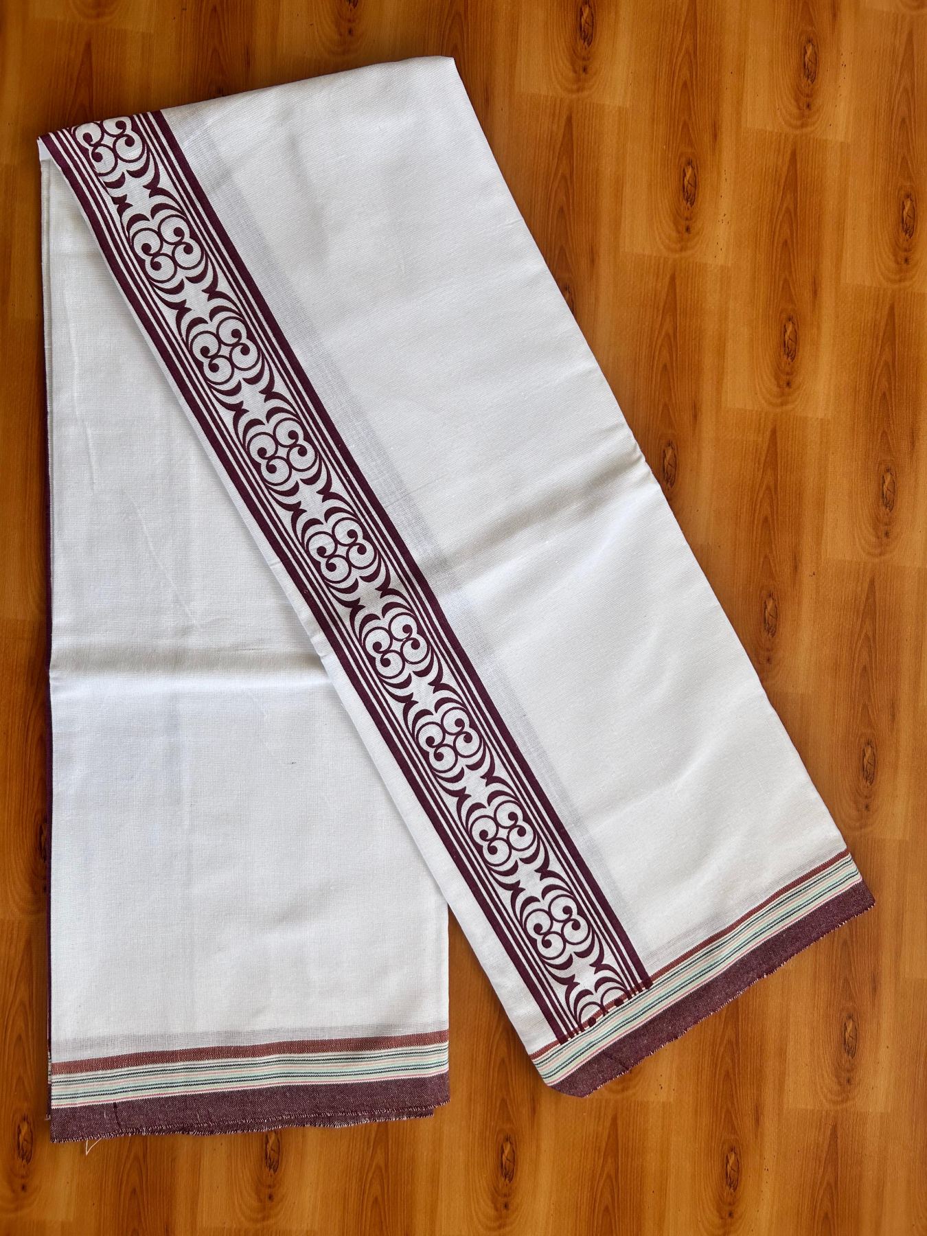 Kaitharikada - Single Kaily / Lungi - Mixed Cotton - 40s twisted - 2.5 inch Plum Purple Printed kara with White colour body (2 meter / 4 muzham) - 20 KK8074 SAT