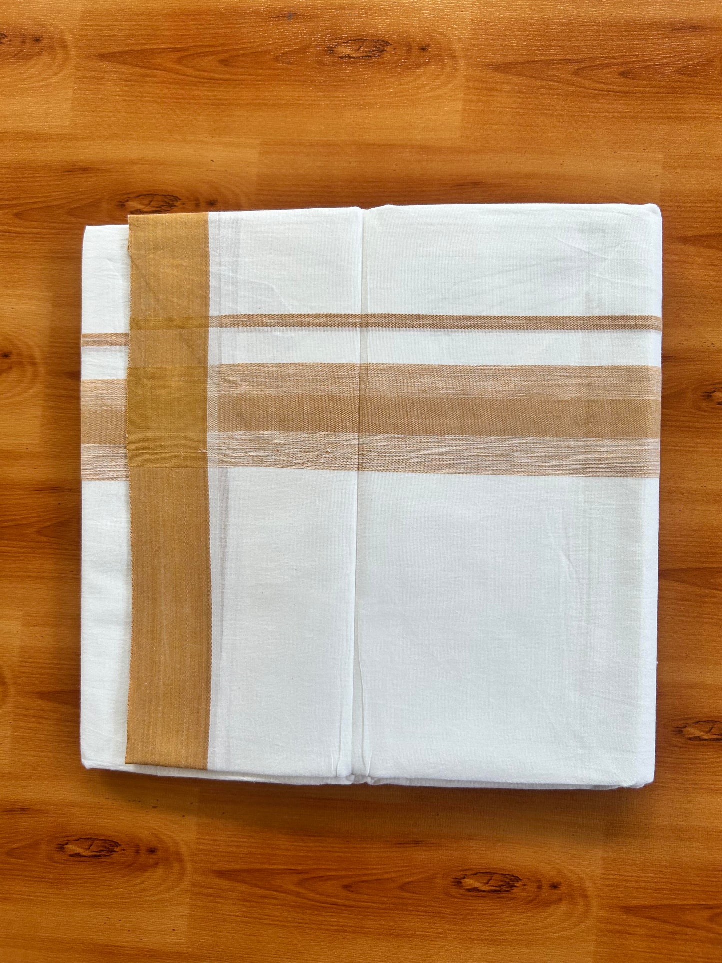 Pure White Double Mundu/Dhoti - 20% Discount ! Kaitharikada Balaramapuram Pure Cotton - 100x80 - 1.5 inch Brownish Orange Shaded Stripes Kara 3.80 mtr (8 muzham) - 112 KK5452 THI