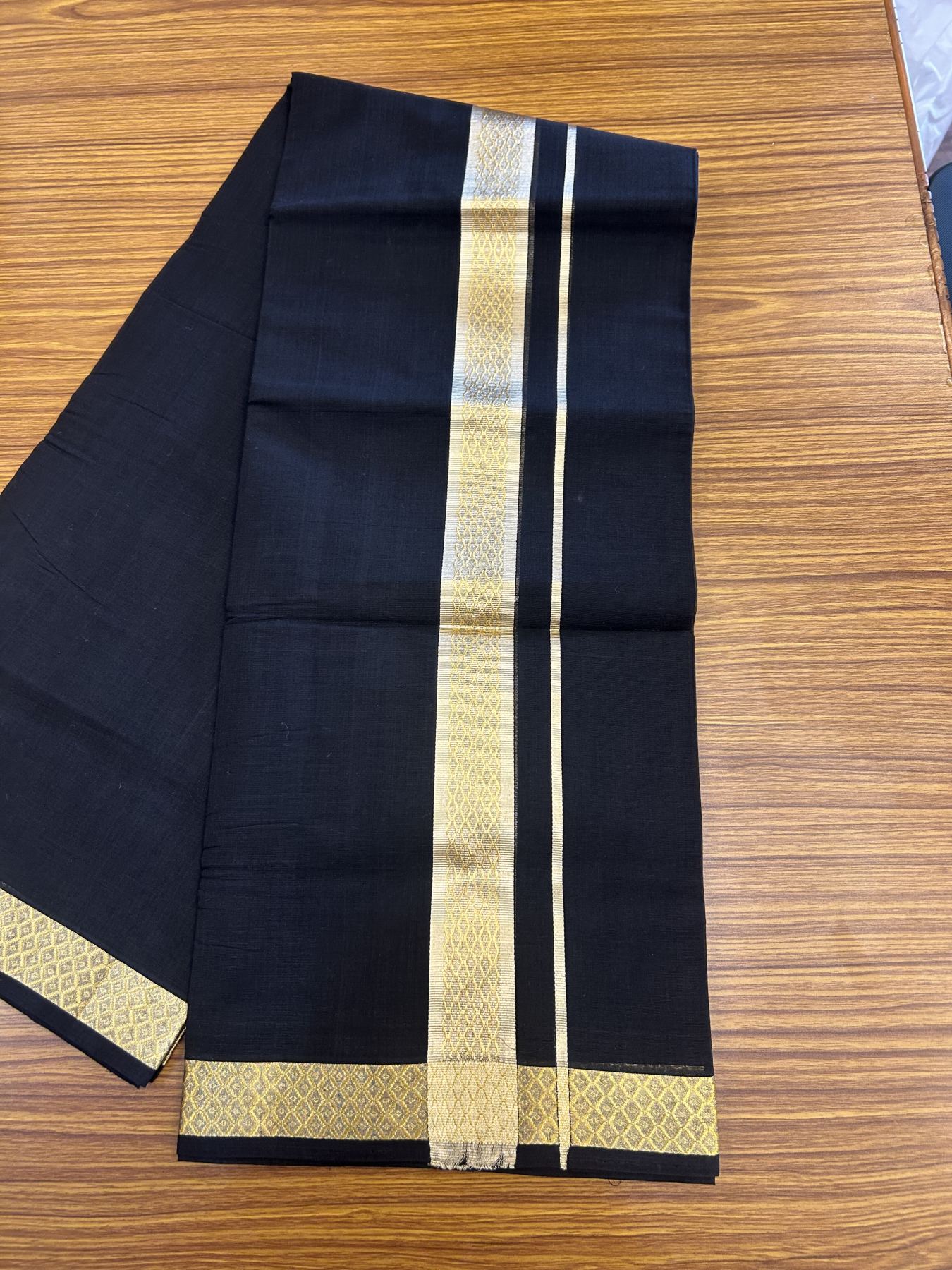 25% Discount! KaithariKada Handloom Unakkupaav - Kerala Handloom - Pure Cotton Double Mundu/Dhoti (Unbleached) - 100x80 - Black Colour Body - 1.5 inch Gold Kasavu Jacquard Design Kara - 4 mtr (8.5 Muzham) - 1 KK5342 ABH
