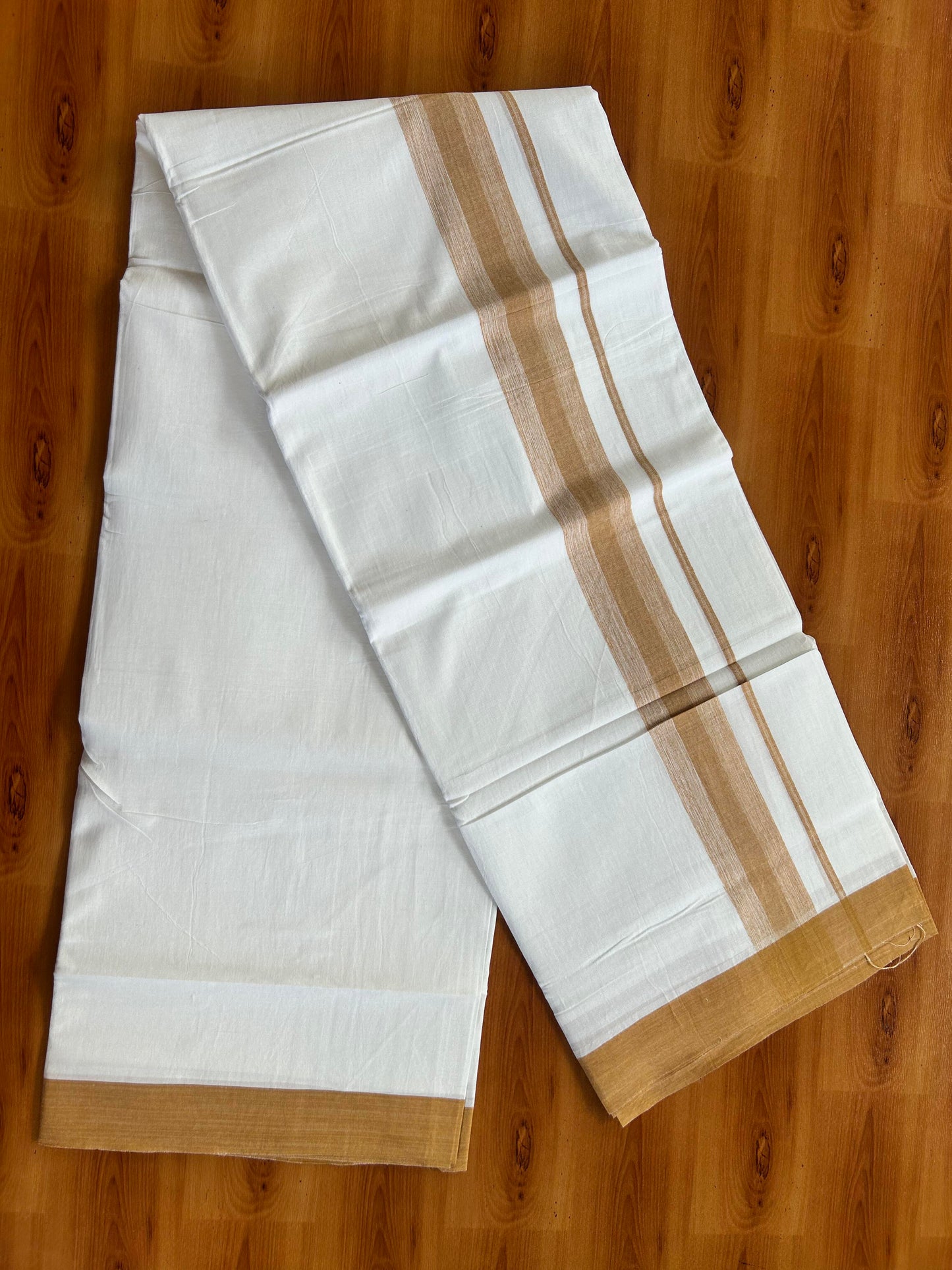 Pure White Double Mundu/Dhoti - 20% Discount ! Kaitharikada Balaramapuram Pure Cotton - 100x80 - 1.5 inch Brownish Orange Shaded Stripes Kara 3.80 mtr (8 muzham) - 112 KK5452 THI
