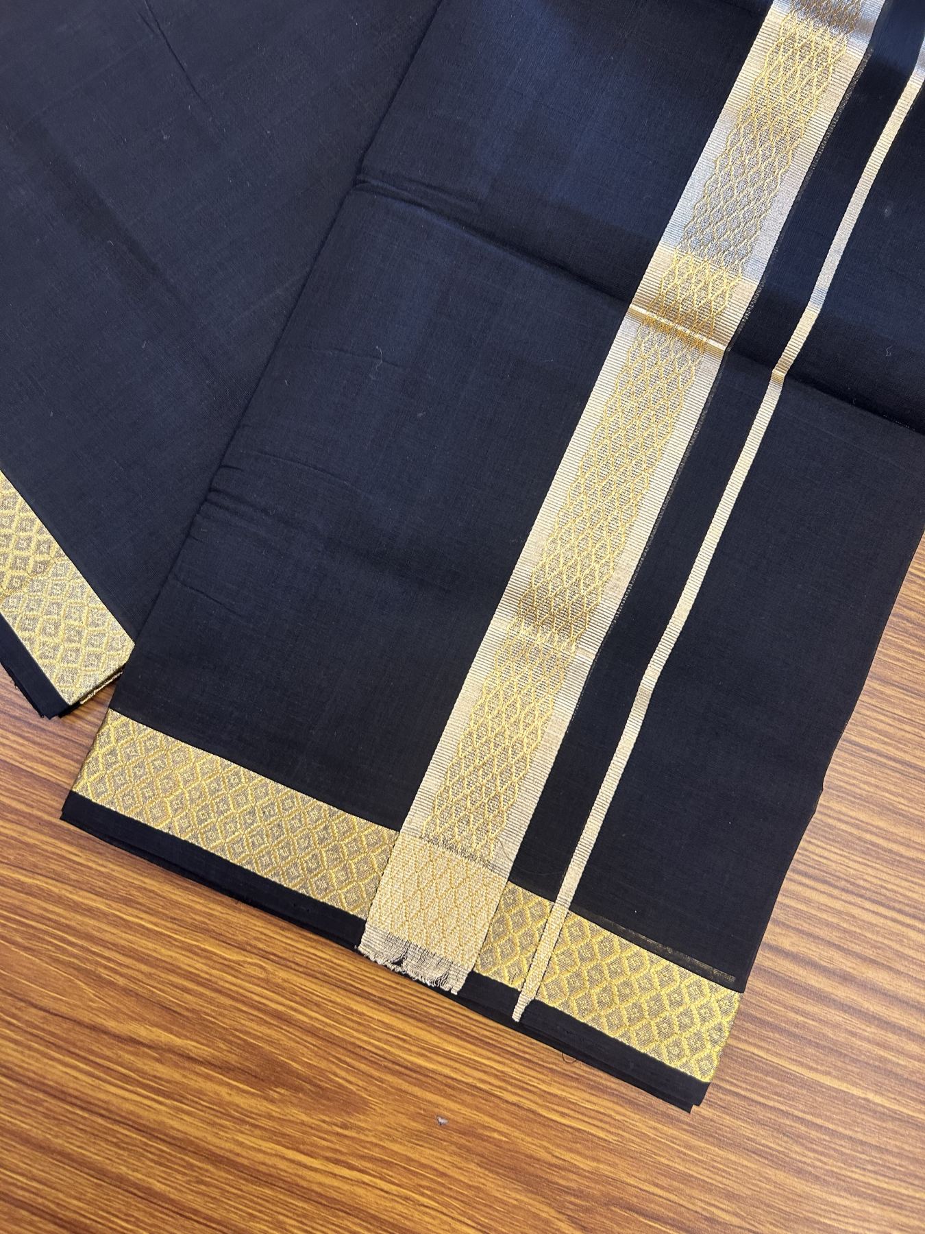 25% Discount! KaithariKada Handloom Unakkupaav - Kerala Handloom - Pure Cotton Double Mundu/Dhoti (Unbleached) - 100x80 - Black Colour Body - 1.5 inch Gold Kasavu Jacquard Design Kara - 4 mtr (8.5 Muzham) - 1 KK5342 ABH