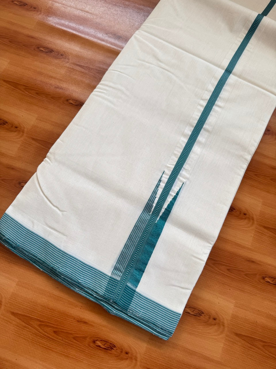 25% Discount!! KaithariKada Handloom Unakkupaav Kerala Handloom 100% Pure Cotton Off White - (Unbleached) Double Mundu/Dothi - 100X80 - 0.75 inch Puliyilakkara Teal Green & Grey chutty Kara 4 meter (8.5 Muzham) - 14 KK5473 REA