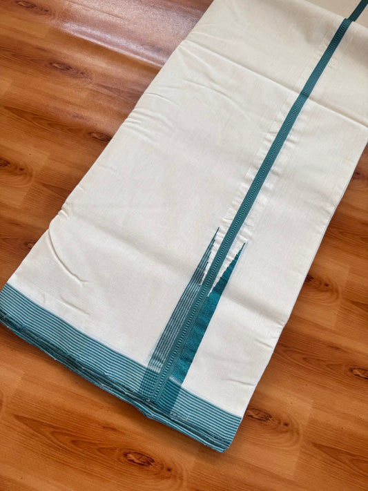 25% Discount!! KaithariKada Handloom Unakkupaav Kerala Handloom 100% Pure Cotton Off White - (Unbleached) Double Mundu/Dothi - 100X80 - 0.75 inch Puliyilakkara Teal Green & Grey chutty Kara 4 meter (8.5 Muzham) - 14 KK5473 REA