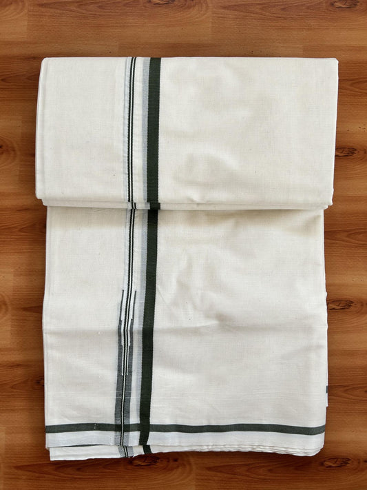 Double Off white Mundu/Dhoti - 20% Discount! KaithariKada Balaramapuram - 100% Cotton 100x100 - 0.75 inch Olive Green Chutty Kara 4 mtr (8.5 muzham) - 17 KK5407 ASH