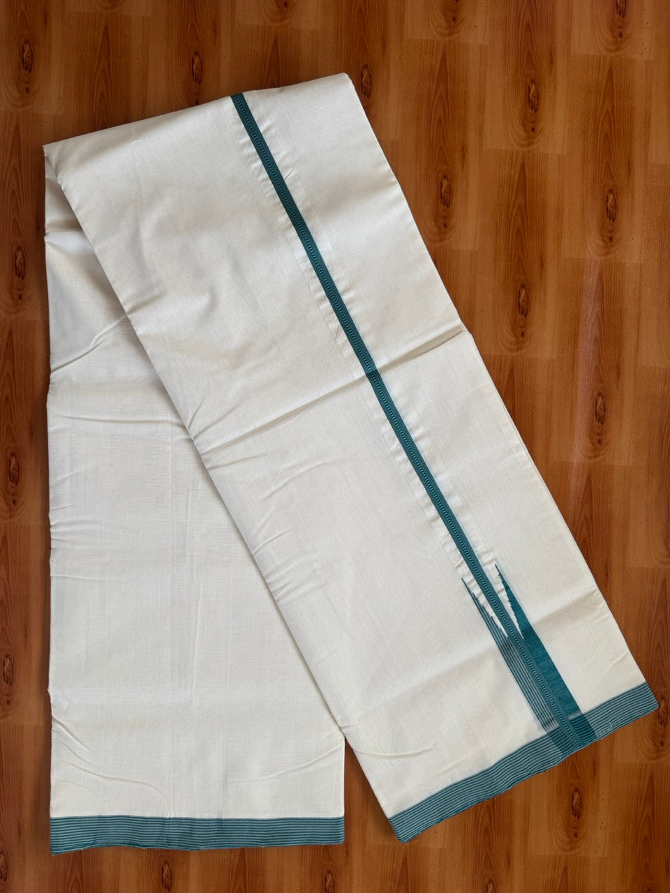 25% Discount!! KaithariKada Handloom Unakkupaav Kerala Handloom 100% Pure Cotton Off White - (Unbleached) Double Mundu/Dothi - 100X80 - 0.75 inch Puliyilakkara Teal Green & Grey chutty Kara 4 meter (8.5 Muzham) - 14 KK5473 REA