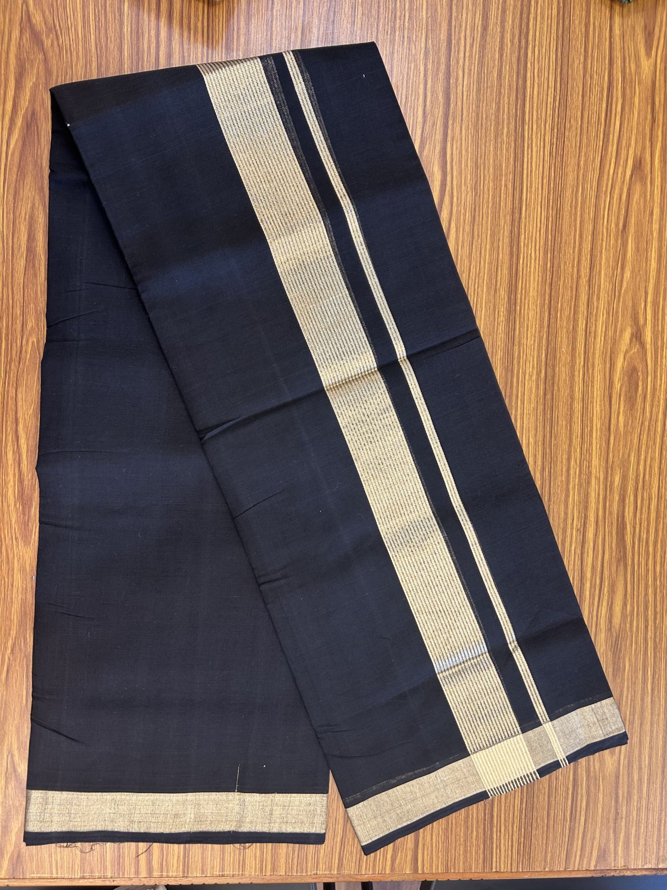 25% Discount! KaithariKada Handloom Unakkupaav - Kerala Handloom - Pure Cotton Double Mundu/Dhoti (Unbleached) - 100x80 - Black Colour Body - 2 inch Light Gold Kasavu Striped Kara - 4 mtr (8.5 Muzham) - 2 KK5342 ABH