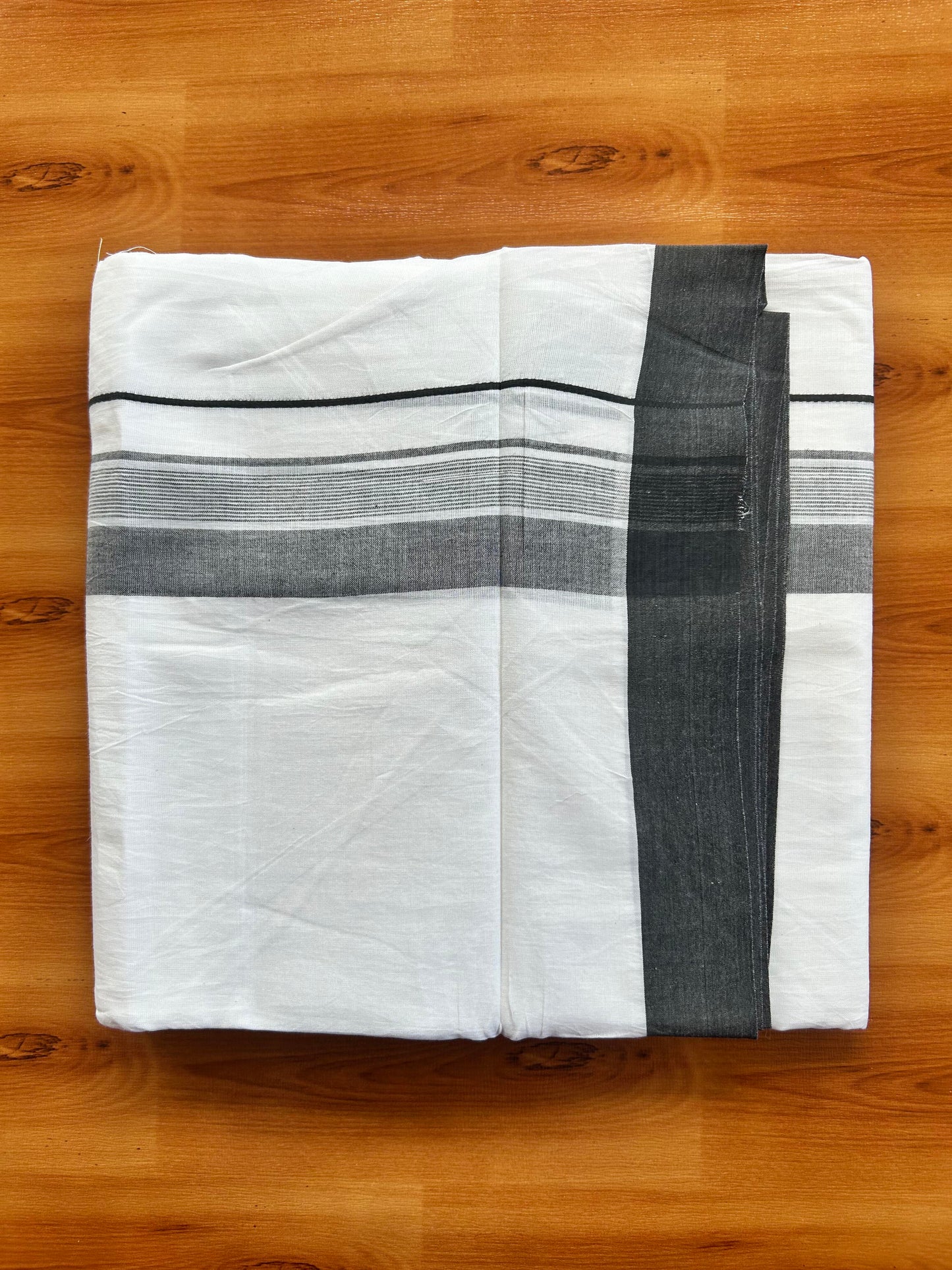 Pure White Double Mundu/Dhoti - 20% Discount ! Kaitharikada Balaramapuram 100% Cotton - 100x80 - 1.5 inch Black Shaded Stripes Kara 3.80 mtr (8 muzham) - 105 KK5452 THI