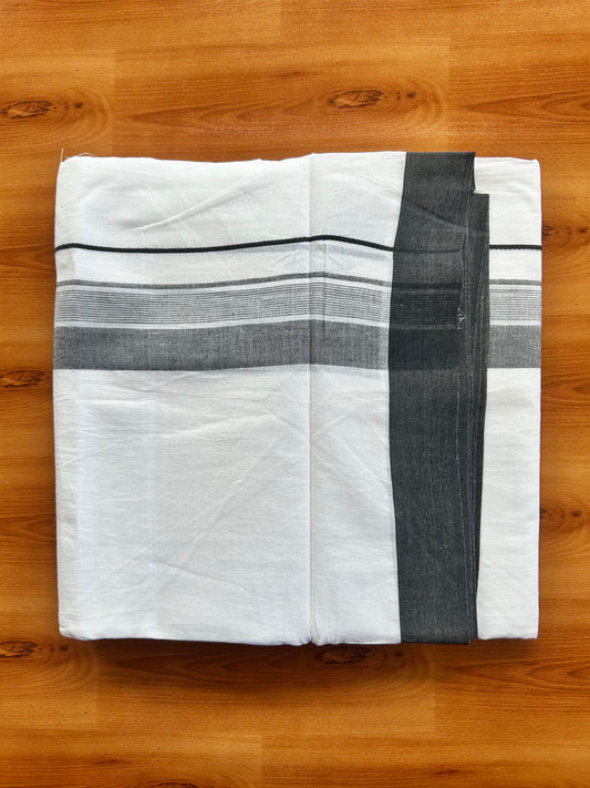 Pure White Double Mundu/Dhoti - 20% Discount ! Kaitharikada 100% Cotton - 100x80 - 1.5 inch Black Shaded Stripes Kara 3.80 mtr (8 muzham) - 105 KK5452 THI