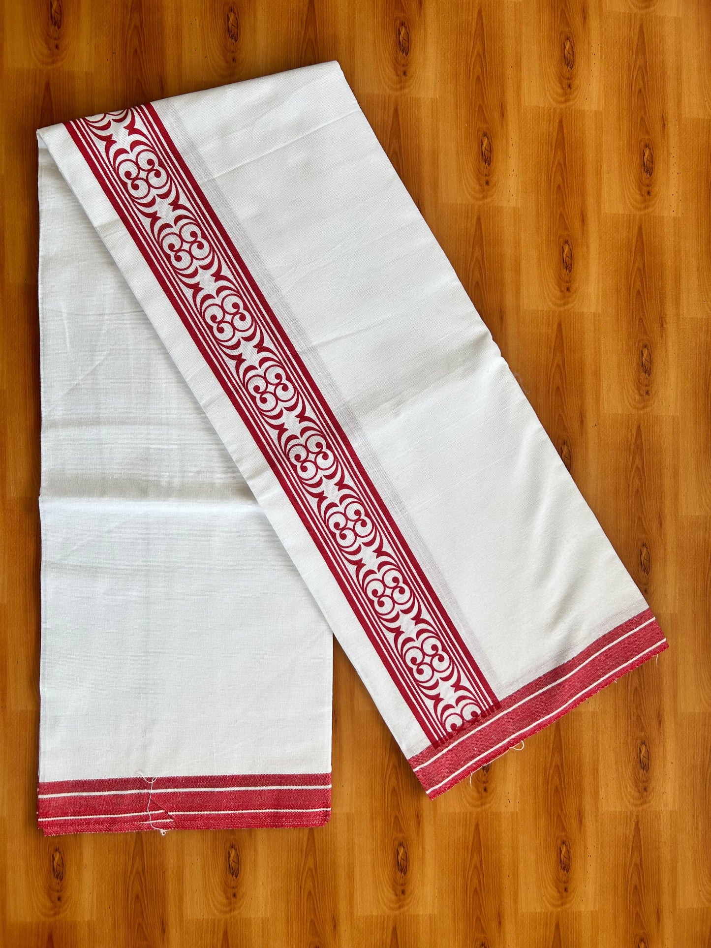 Kaitharikada - Single Kaily / Lungi - Mixed Cotton - 40s twisted - 2.5 inch Red Printed kara with White colour body (2 meter / 4 muzham) - 5 KK8074 SAT