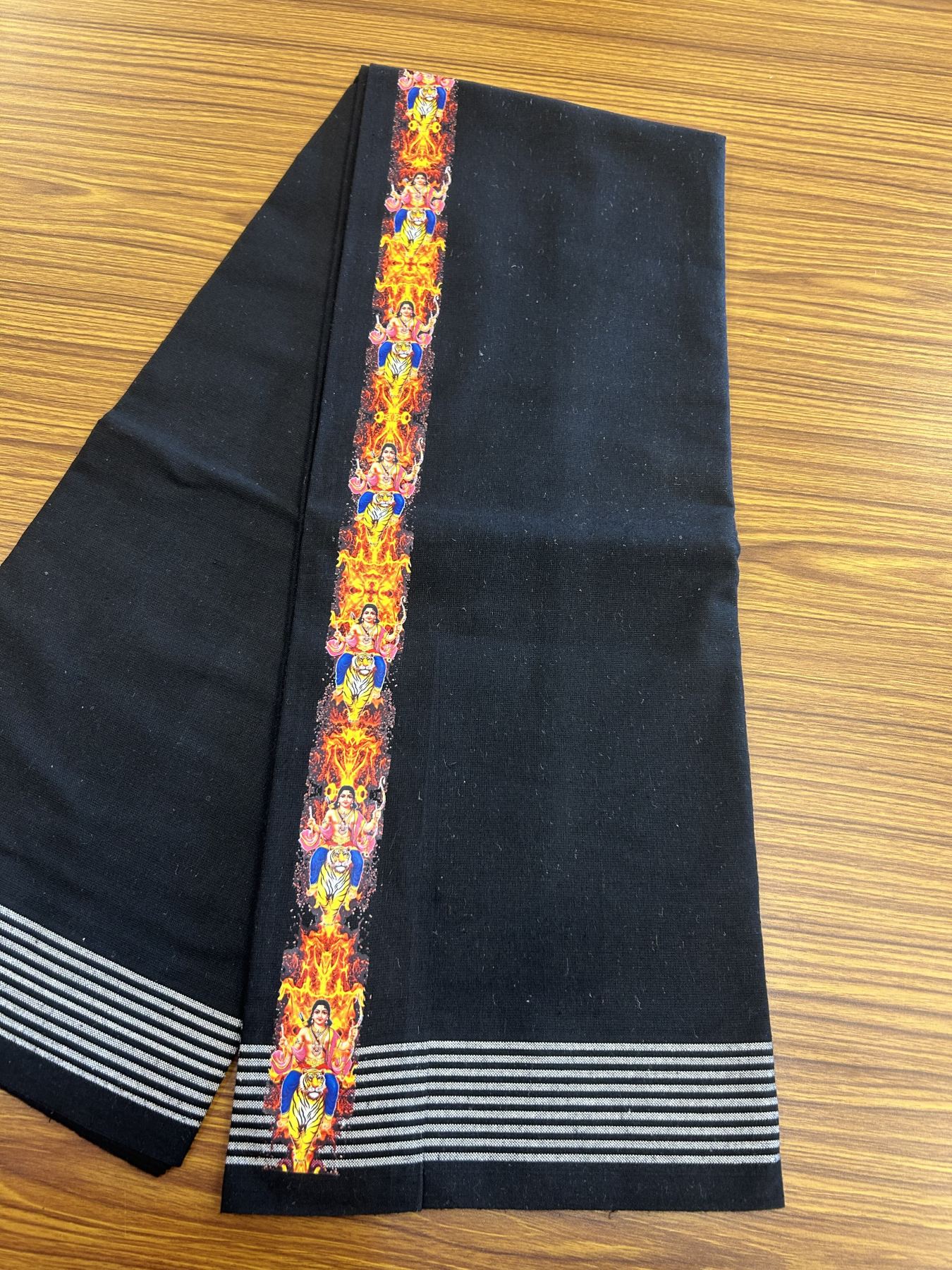 Kaitharikada - Polyster + Cotton - 40s twisted - Pure white Single Kaily / Lungi - 1.5 inch Ayyappan Printed Striped Border with Black colour body (2 meter / 4 muzham) -  14 KK8041 GAN