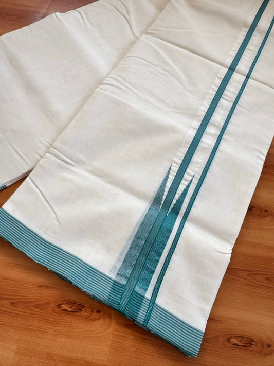 25% Discount!! KaithariKada Handloom Unakkupaav Kerala Handloom 100% Pure Cotton Off White - (Unbleached) Double Mundu/Dothi - 100X80 - 1.25 inch Puliyilakkara Teal Green & Grey chutty Kara 4 meter (8.5 Muzham) - 15 KK5473 REA
