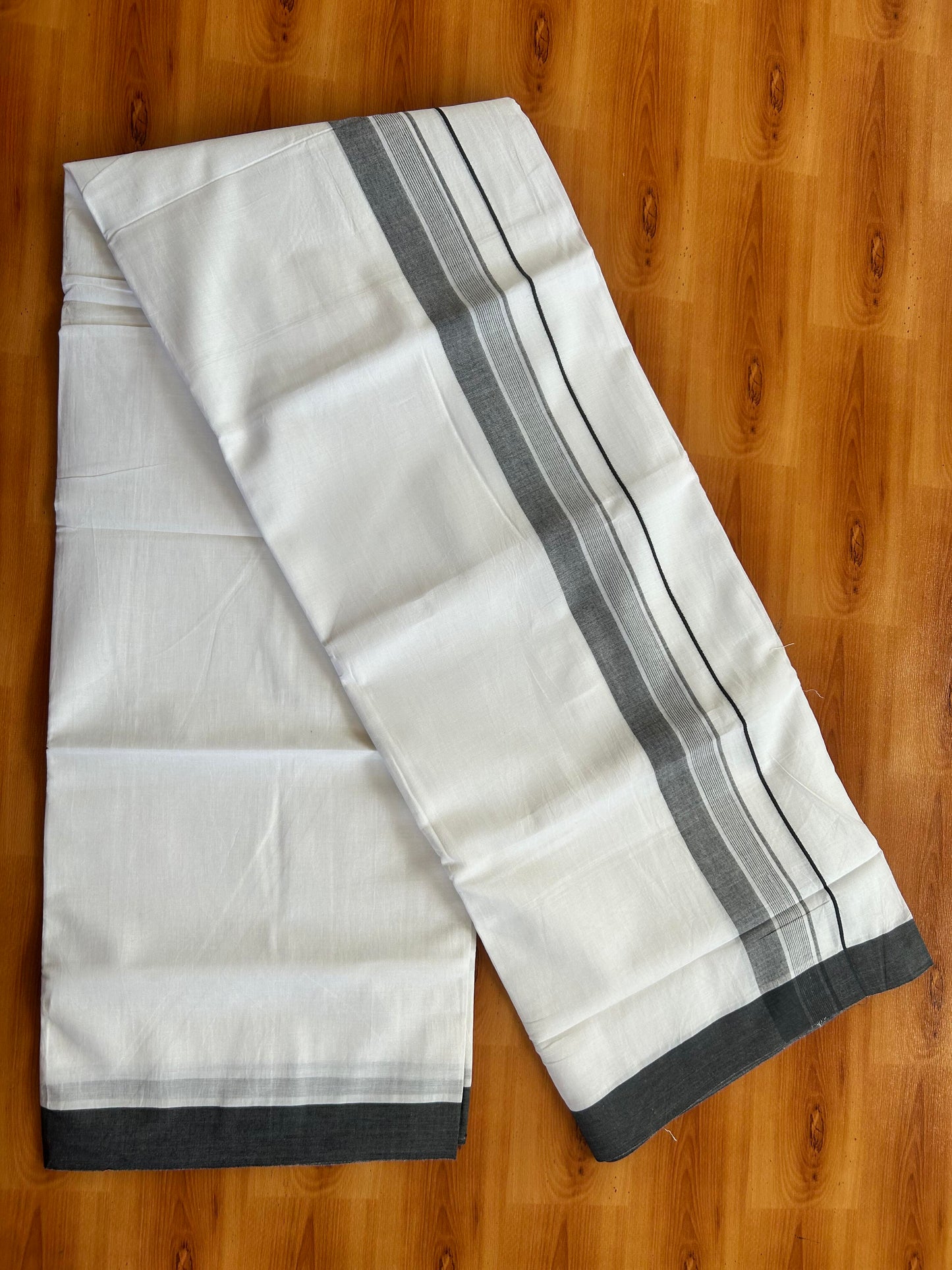 Pure White Double Mundu/Dhoti - 20% Discount ! Kaitharikada Balaramapuram 100% Cotton - 100x80 - 1.5 inch Black Shaded Stripes Kara 3.80 mtr (8 muzham) - 105 KK5452 THI