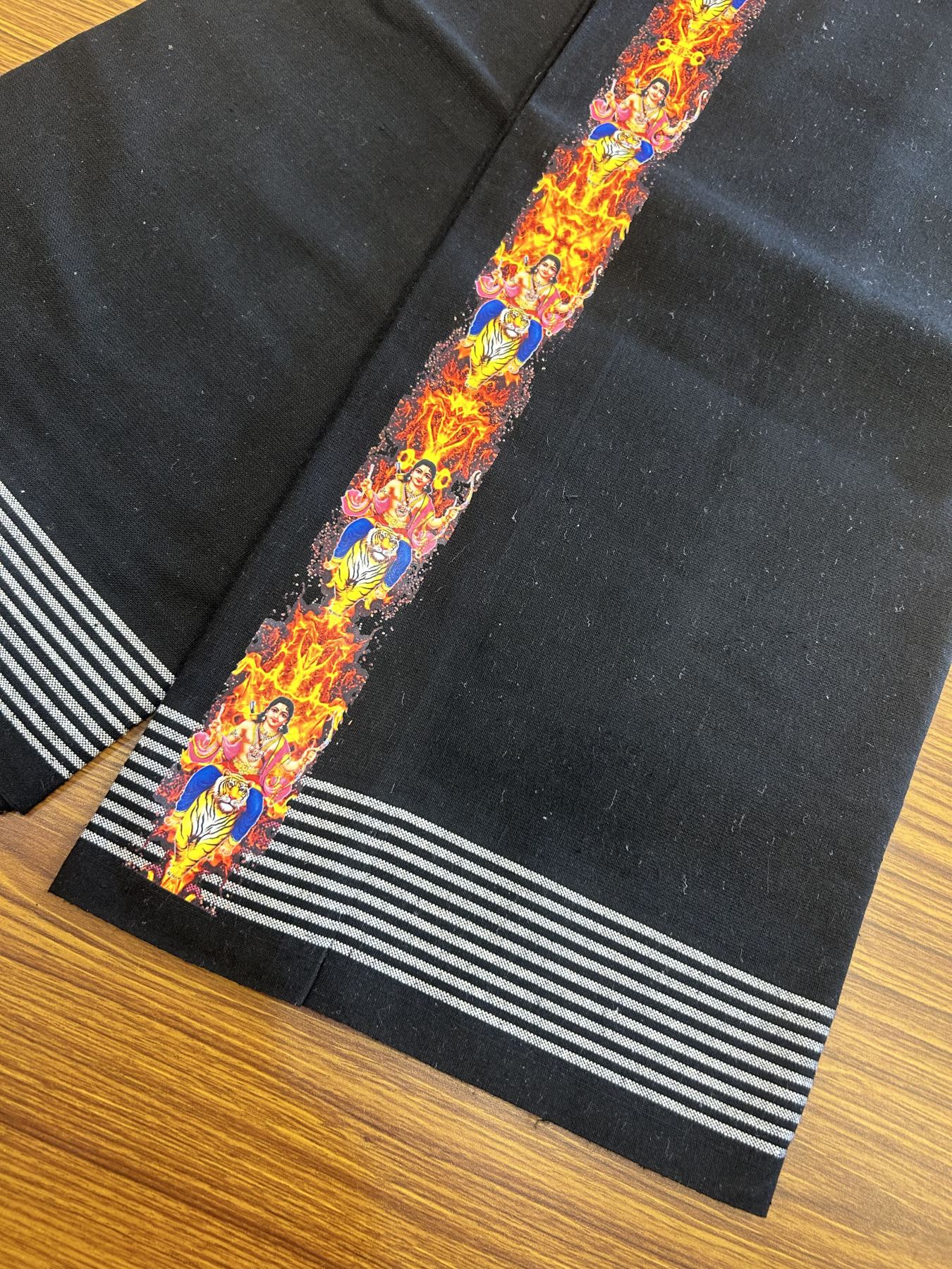 Kaitharikada - Polyster + Cotton - 40s twisted - Pure white Single Kaily / Lungi - 1.5 inch Ayyappan Printed Striped Border with Black colour body (2 meter / 4 muzham) -  14 KK8041 GAN