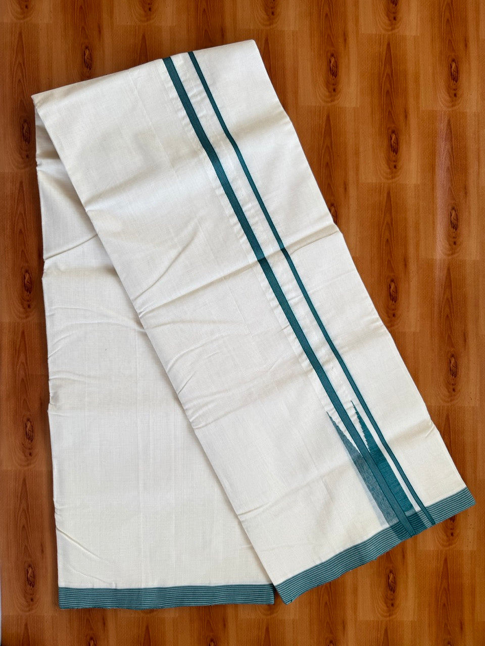 25% Discount!! KaithariKada Handloom Unakkupaav Kerala Handloom 100% Pure Cotton Off White - (Unbleached) Double Mundu/Dothi - 100X80 - 1.25 inch Puliyilakkara Teal Green & Grey chutty Kara 4 meter (8.5 Muzham) - 15 KK5473 REA