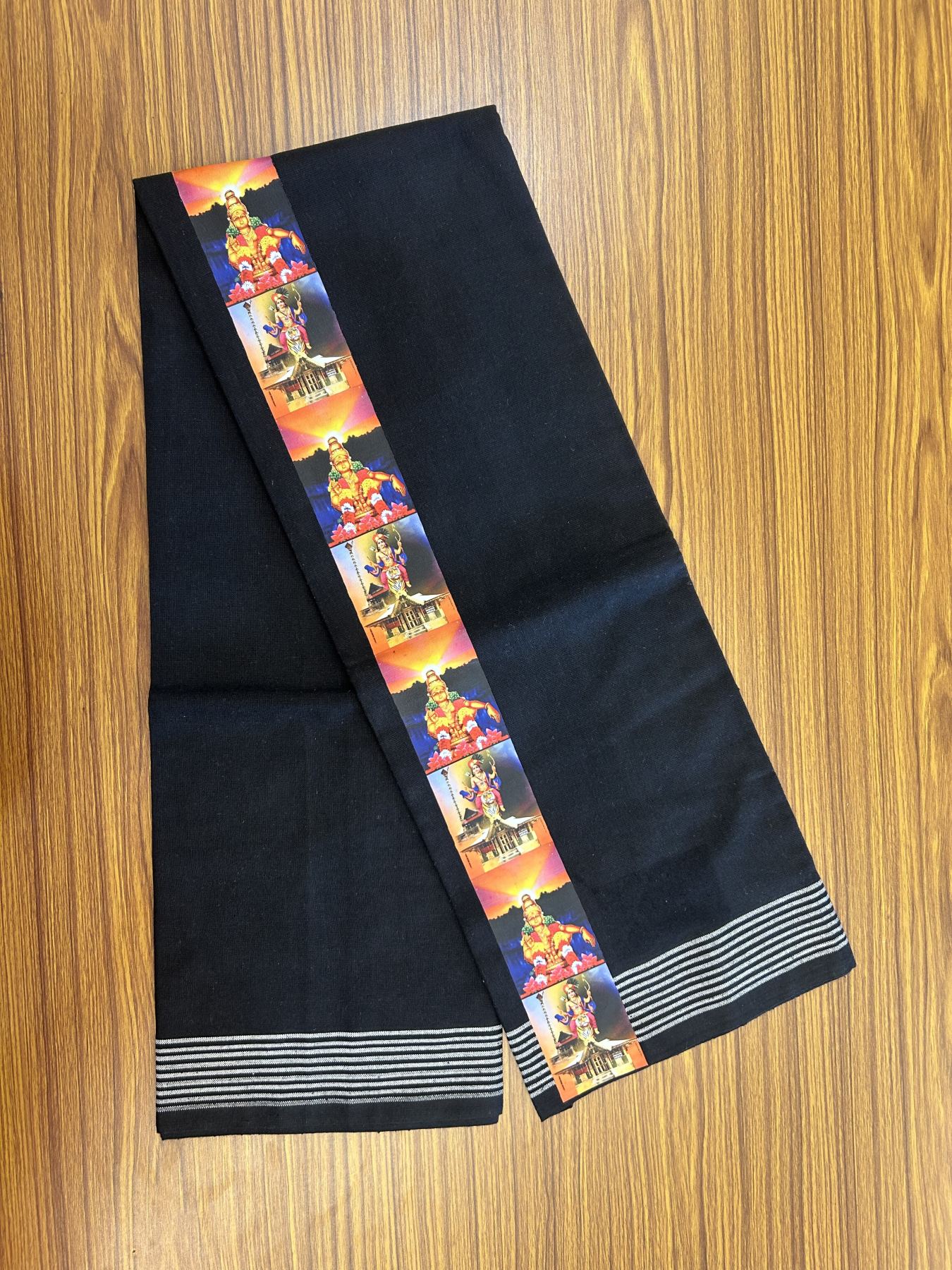 Kaitharikada - Polyster + Cotton - 40s twisted - Pure white Single Kaily / Lungi - 2.25 inch Ayyappan Printed Striped Border with Black colour body (2 meter / 4 muzham) -  15 KK8041 GAN